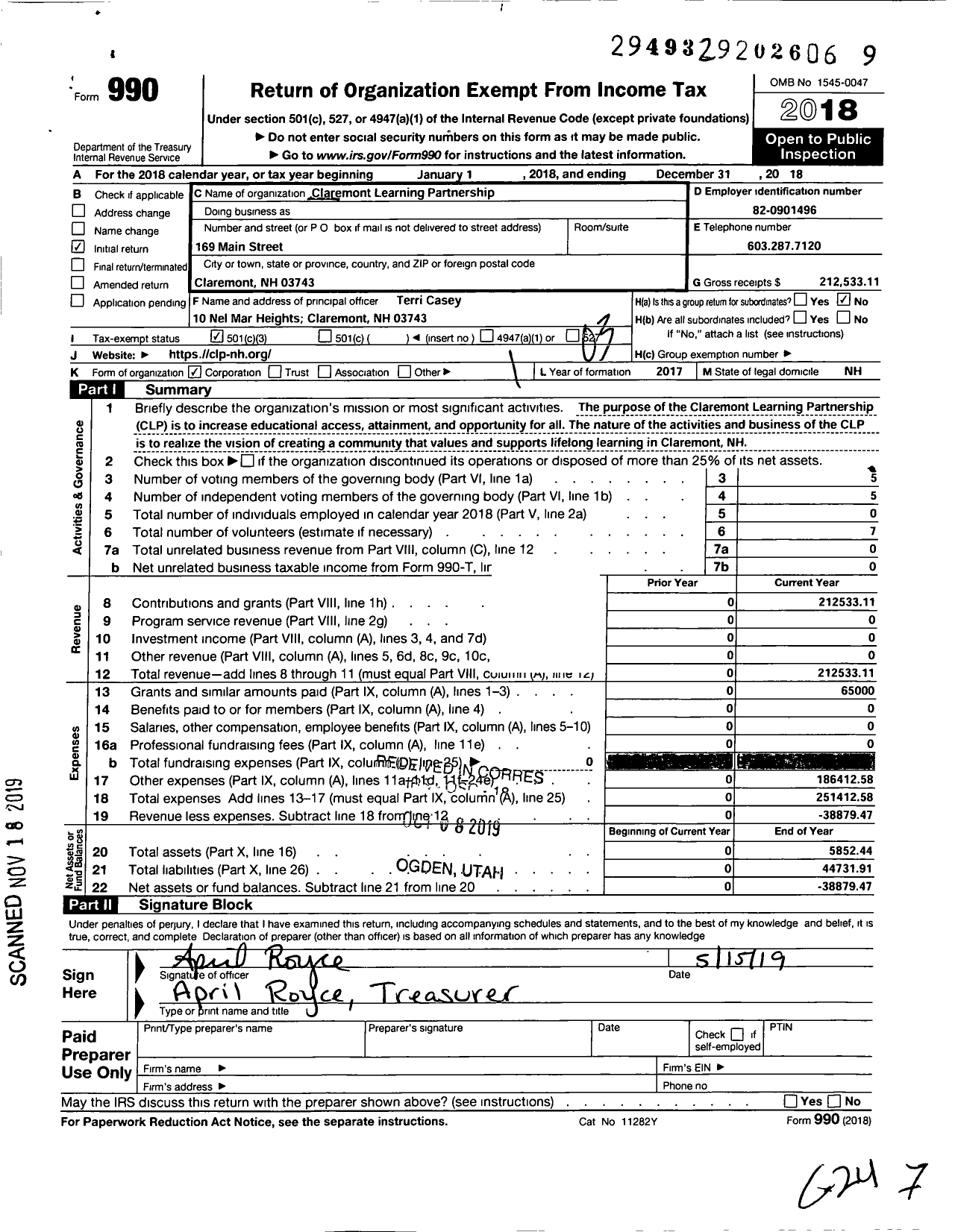 Image of first page of 2018 Form 990 for Claremont Learning Partnership