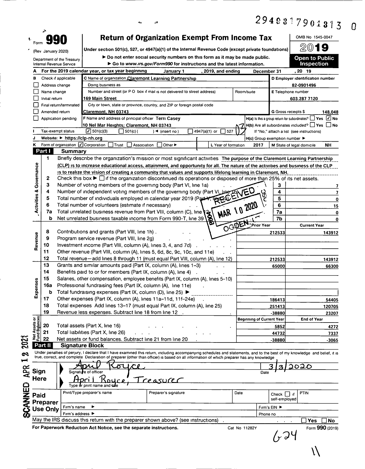 Image of first page of 2019 Form 990 for Claremont Learning Partnership