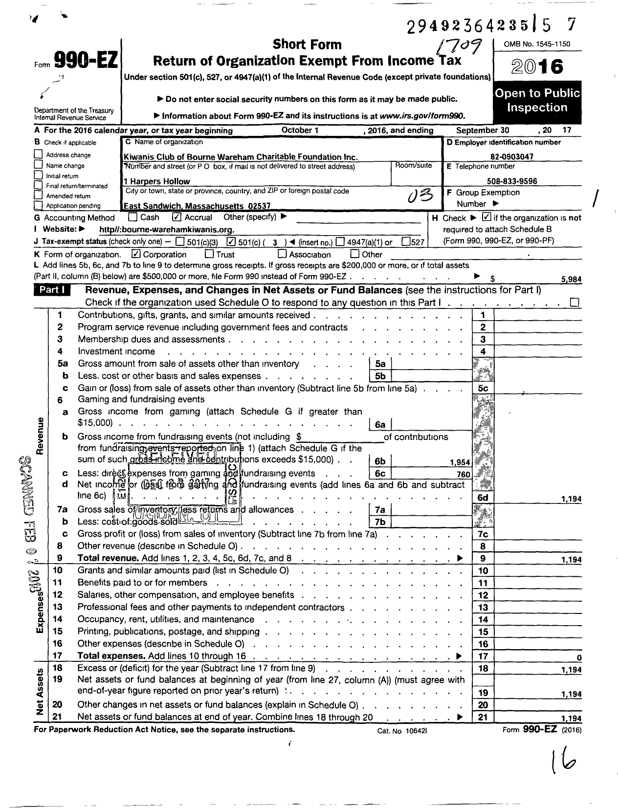 Image of first page of 2016 Form 990EZ for Kiwanis Club of Bourne Wareham Charitable Foundation