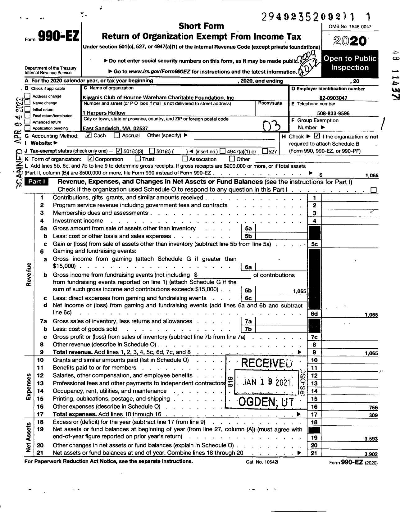 Image of first page of 2019 Form 990EZ for Kiwanis Club of Bourne Wareham Charitable Foundation