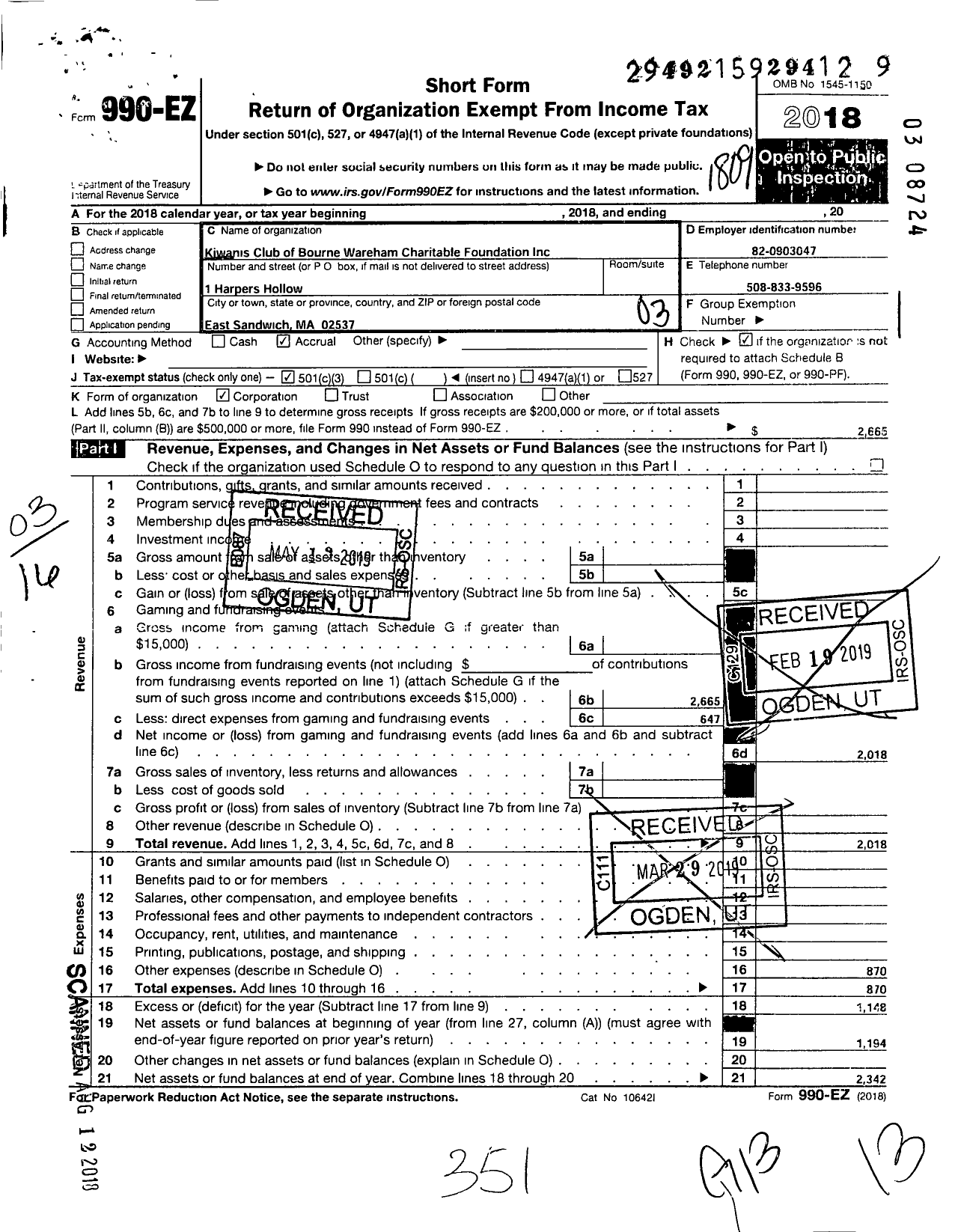 Image of first page of 2017 Form 990EZ for Kiwanis Club of Bourne Wareham Charitable Foundation