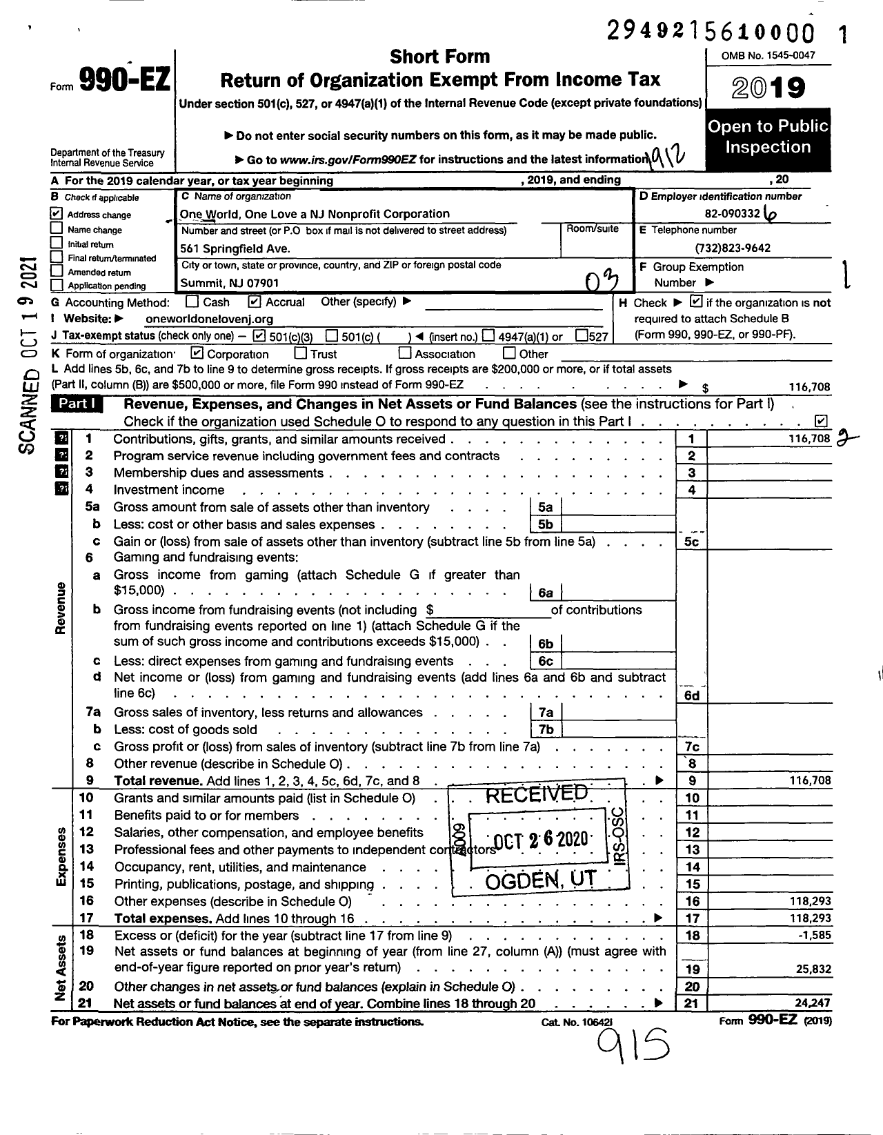 Image of first page of 2019 Form 990EZ for One World One Love a NJ Nonprofit Corporation