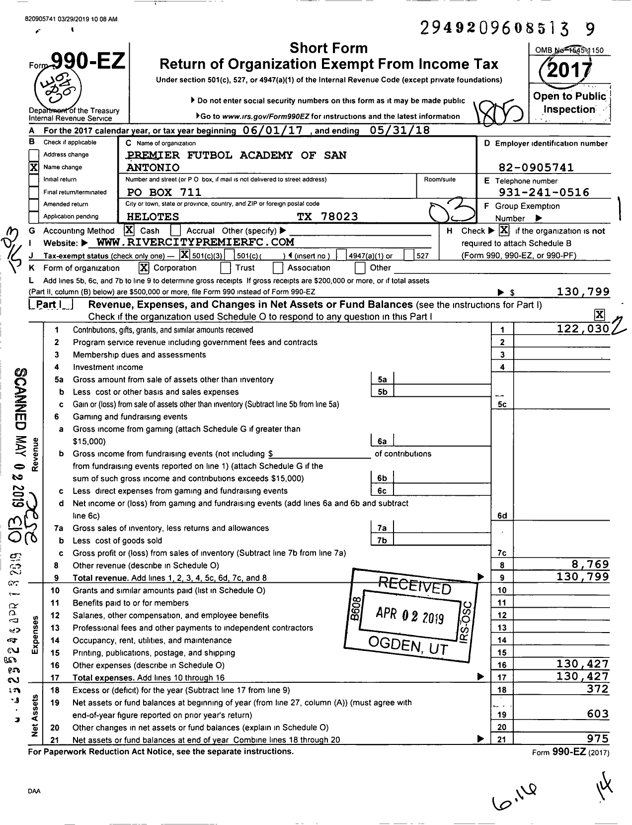 Image of first page of 2017 Form 990EZ for Premier Futbol Academy of San Antonio