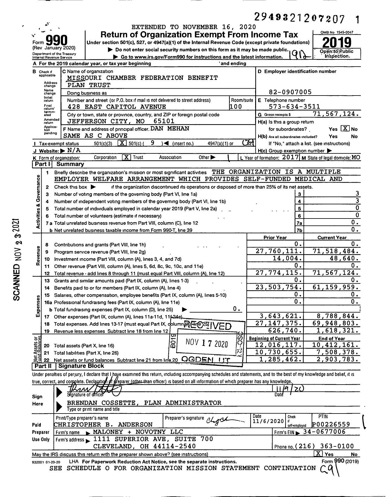 Image of first page of 2019 Form 990O for Missouri Chamber Federation Benefit Plan Trust