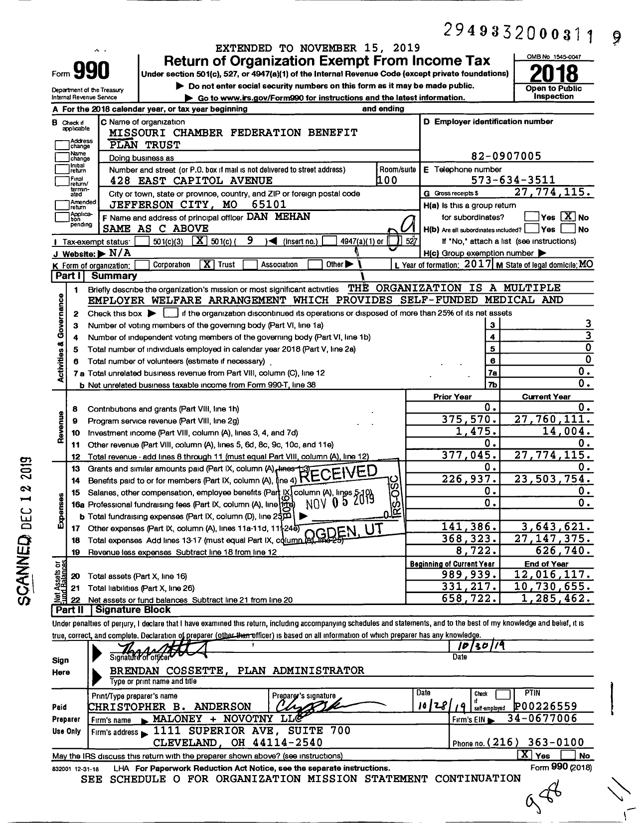 Image of first page of 2018 Form 990O for Missouri Chamber Federation Benefit Plan Trust