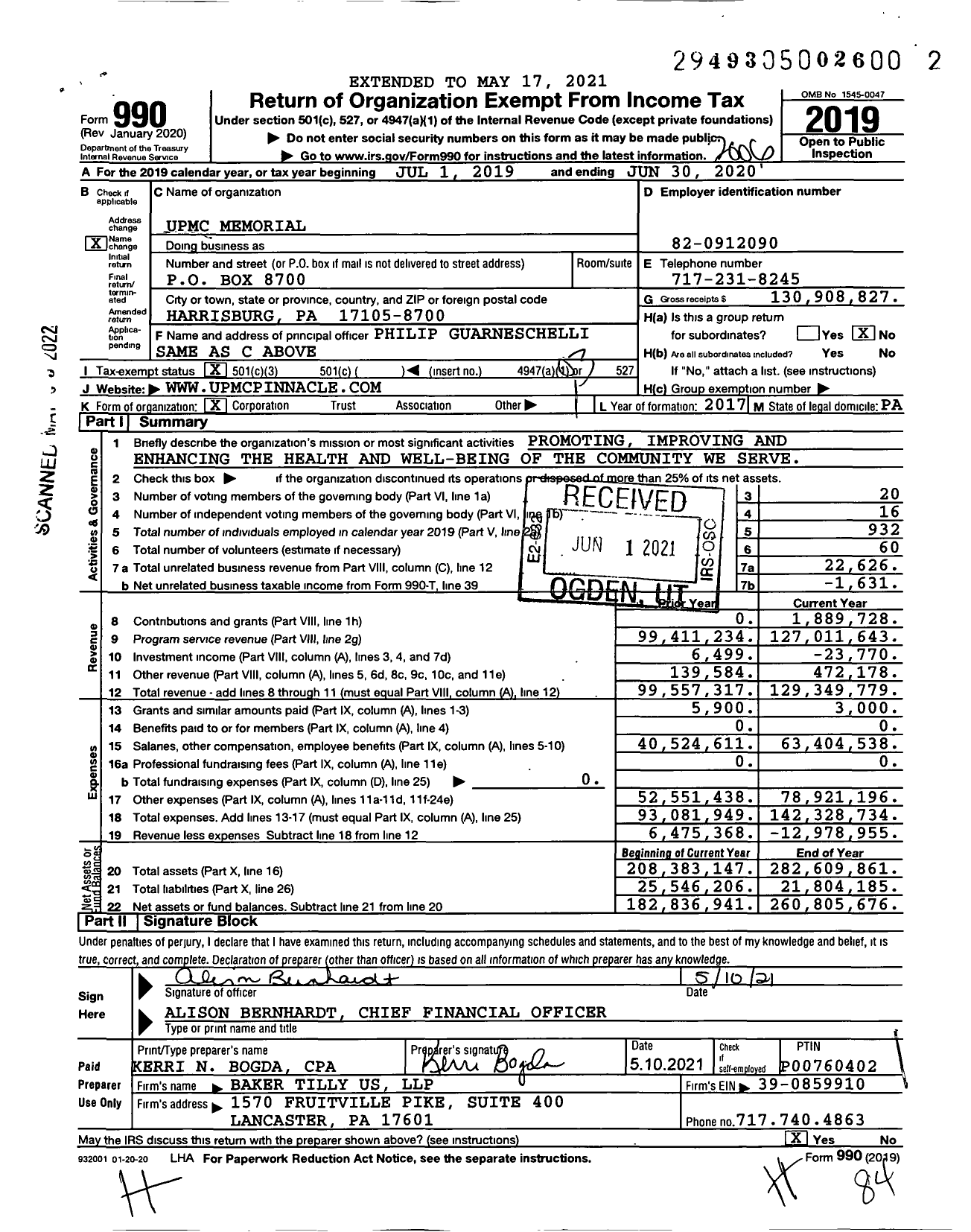 Image of first page of 2019 Form 990 for Upmc Memorial