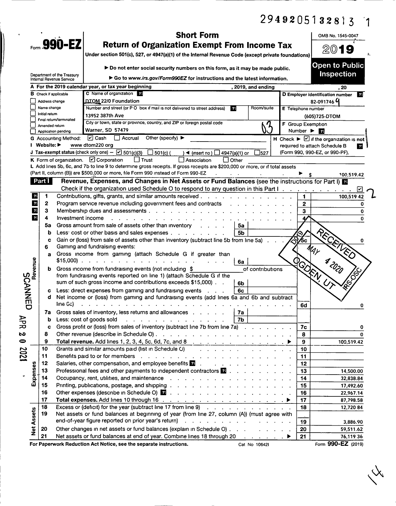 Image of first page of 2019 Form 990EZ for DTOM 220 Foundation