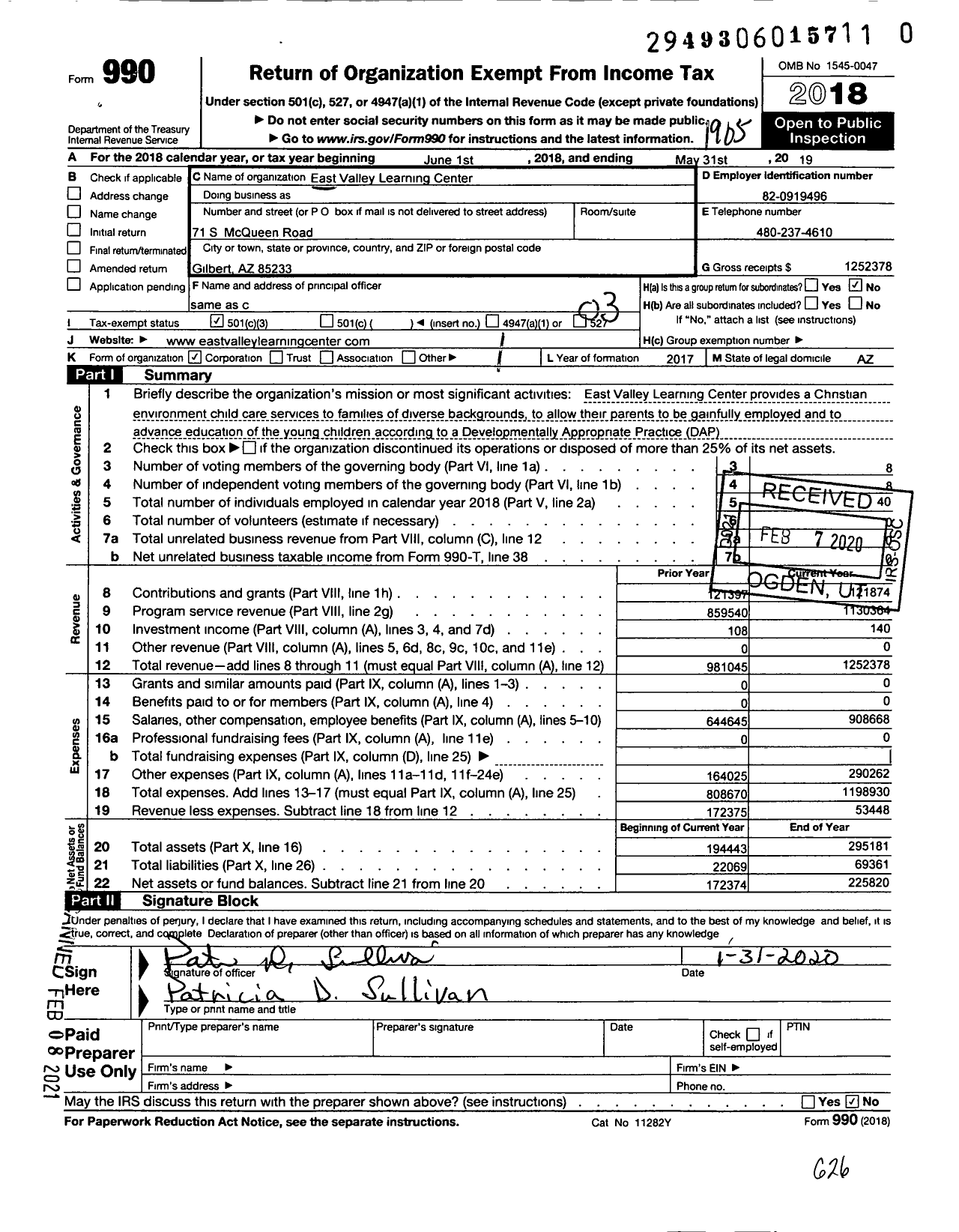 Image of first page of 2018 Form 990 for East Valley Learning Center