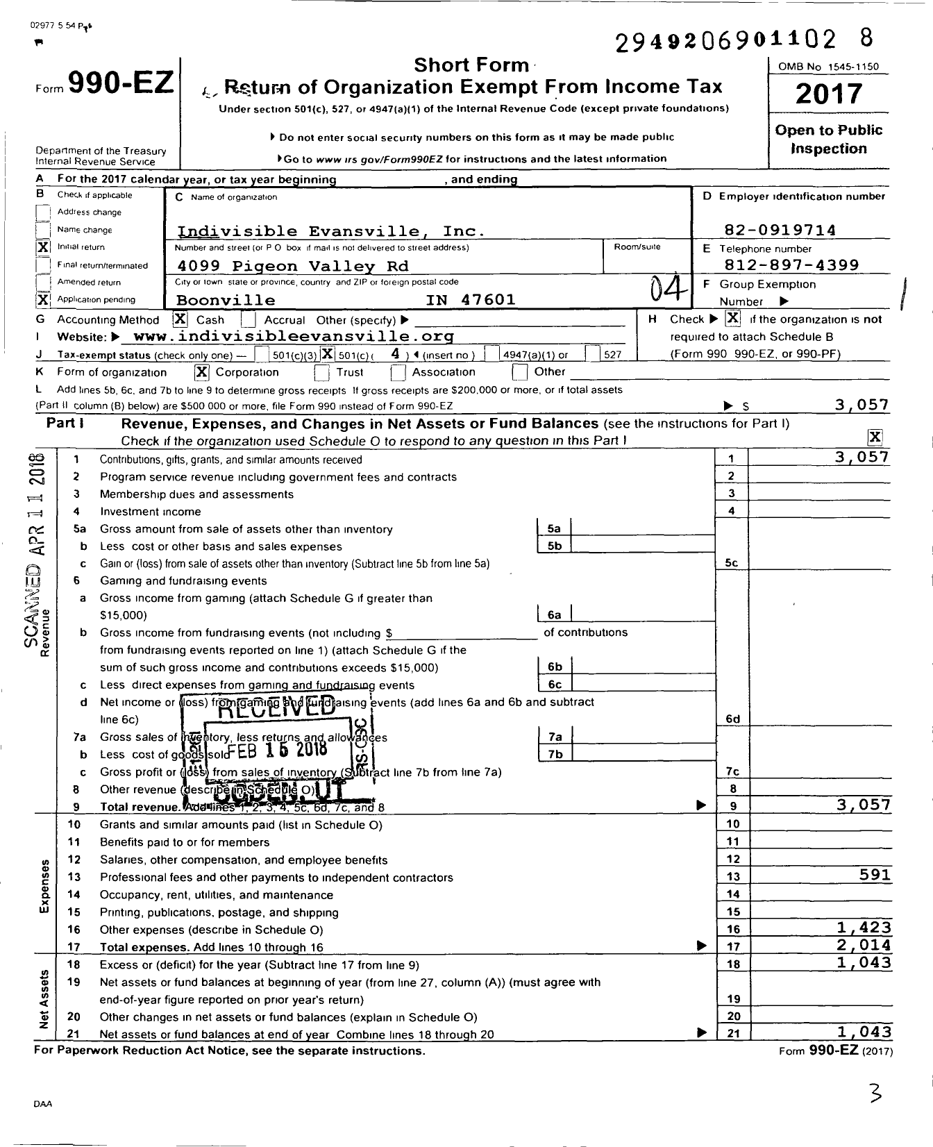 Image of first page of 2017 Form 990EO for Indivisible Evansville