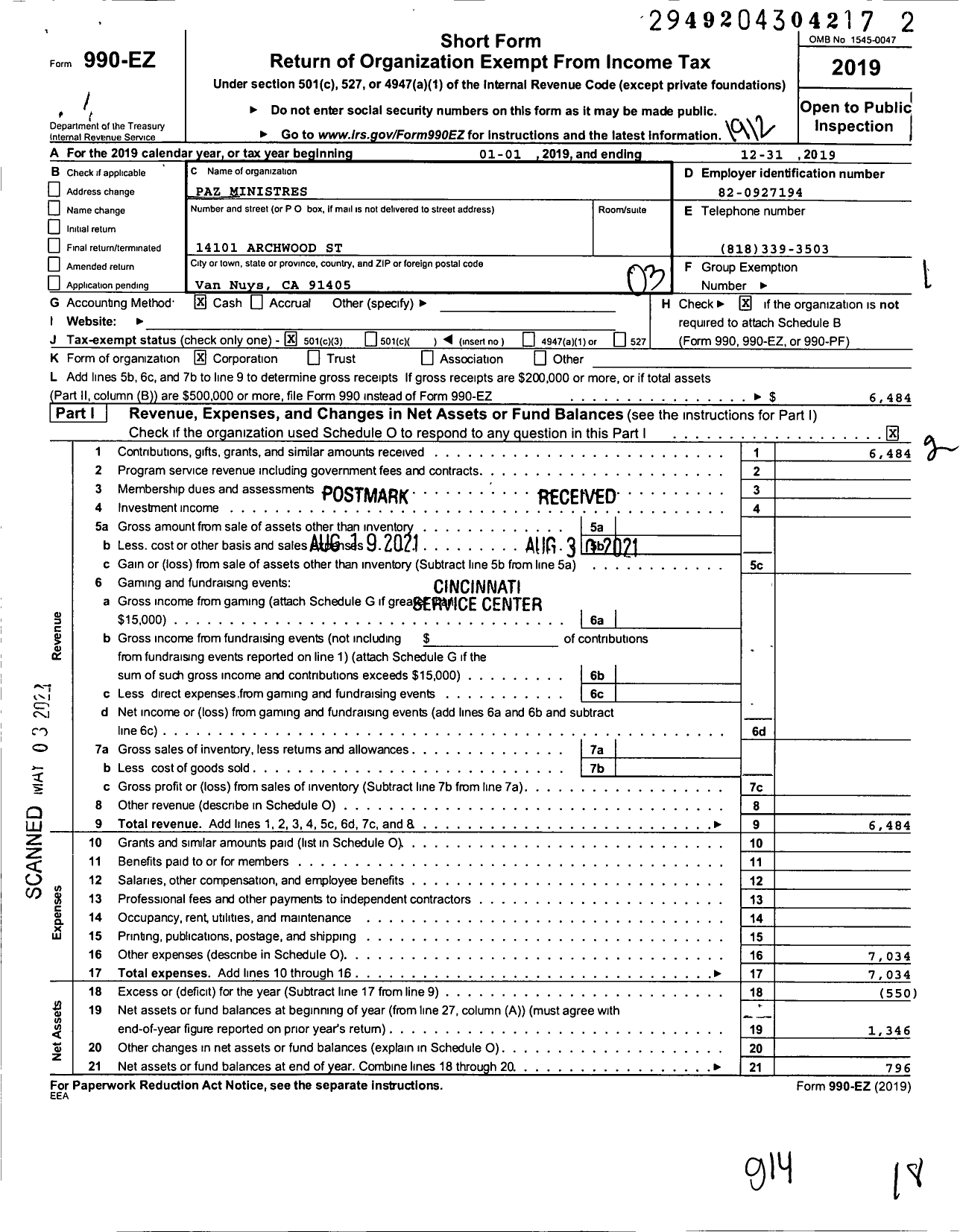 Image of first page of 2019 Form 990EZ for Paz Ministres