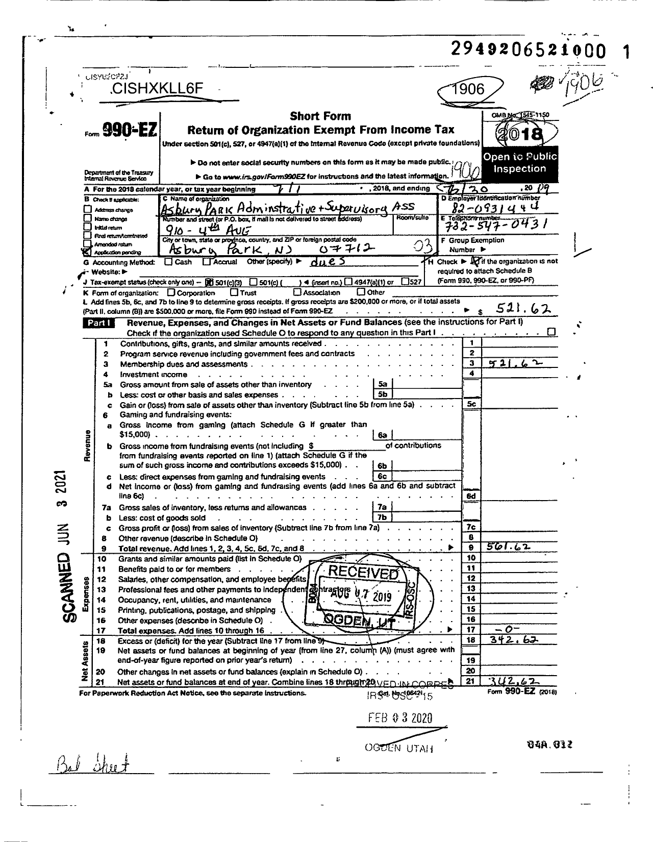 Image of first page of 2018 Form 990EZ for Asbury Park Administrative and Supervisory Association