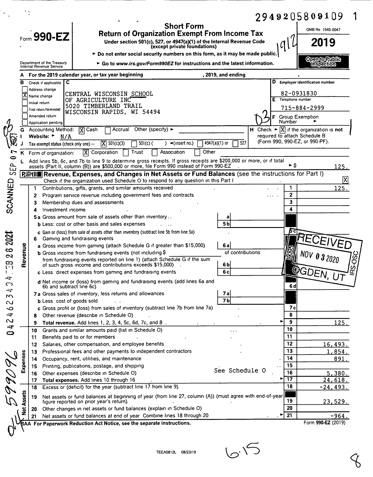 Image of first page of 2019 Form 990EZ for Central Wisconsin School of Agriculture