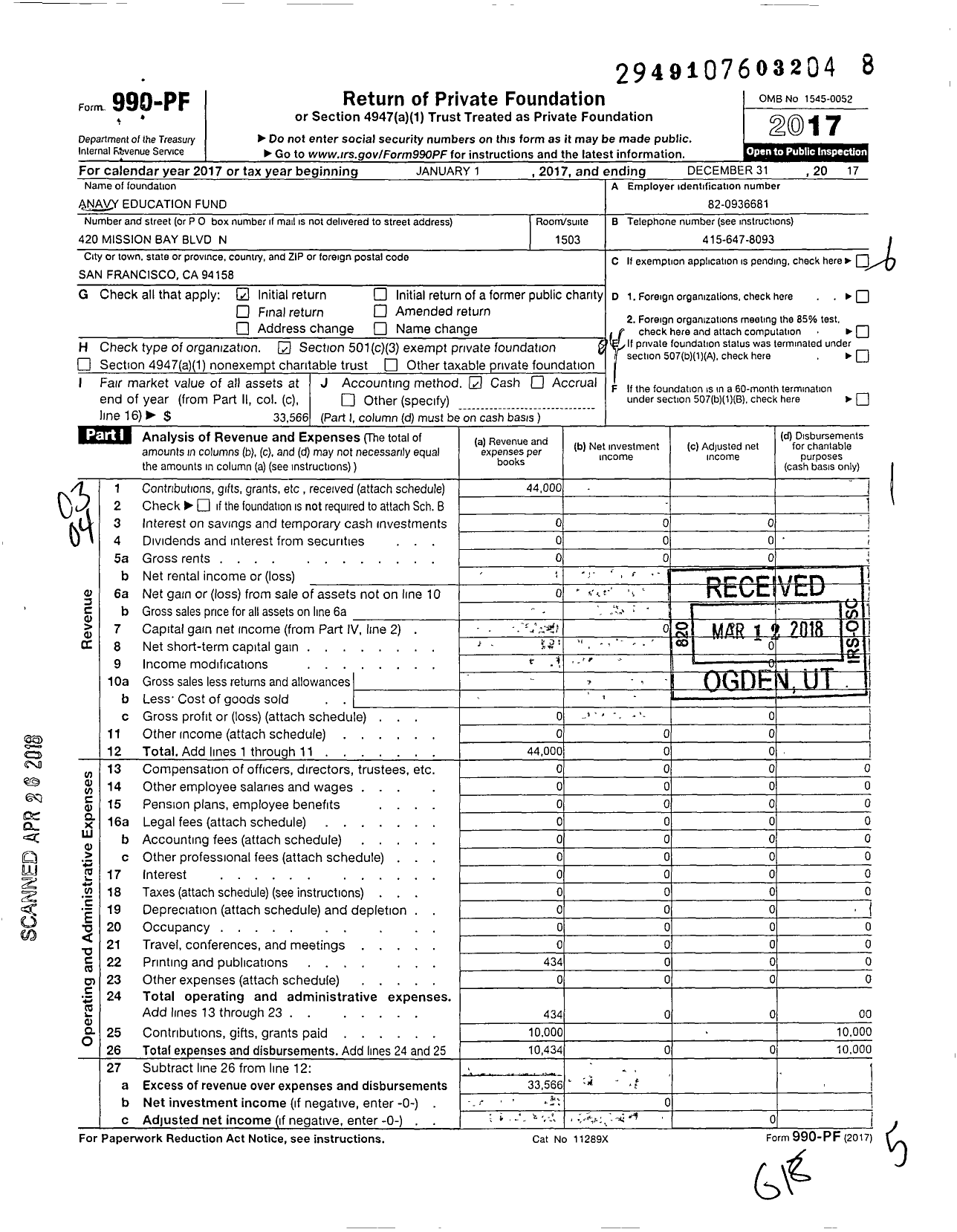 Image of first page of 2017 Form 990PF for Anavy Education Fund