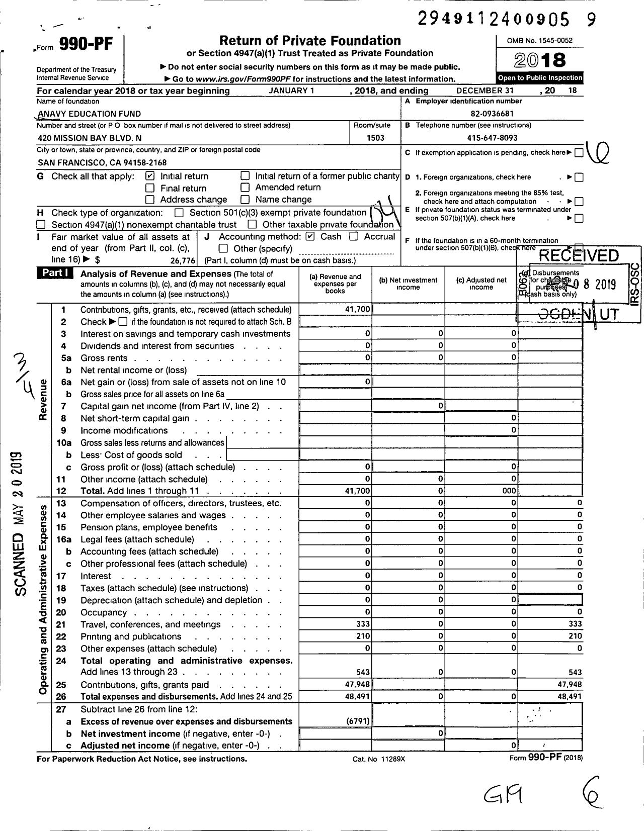 Image of first page of 2018 Form 990PF for Anavy Education Fund