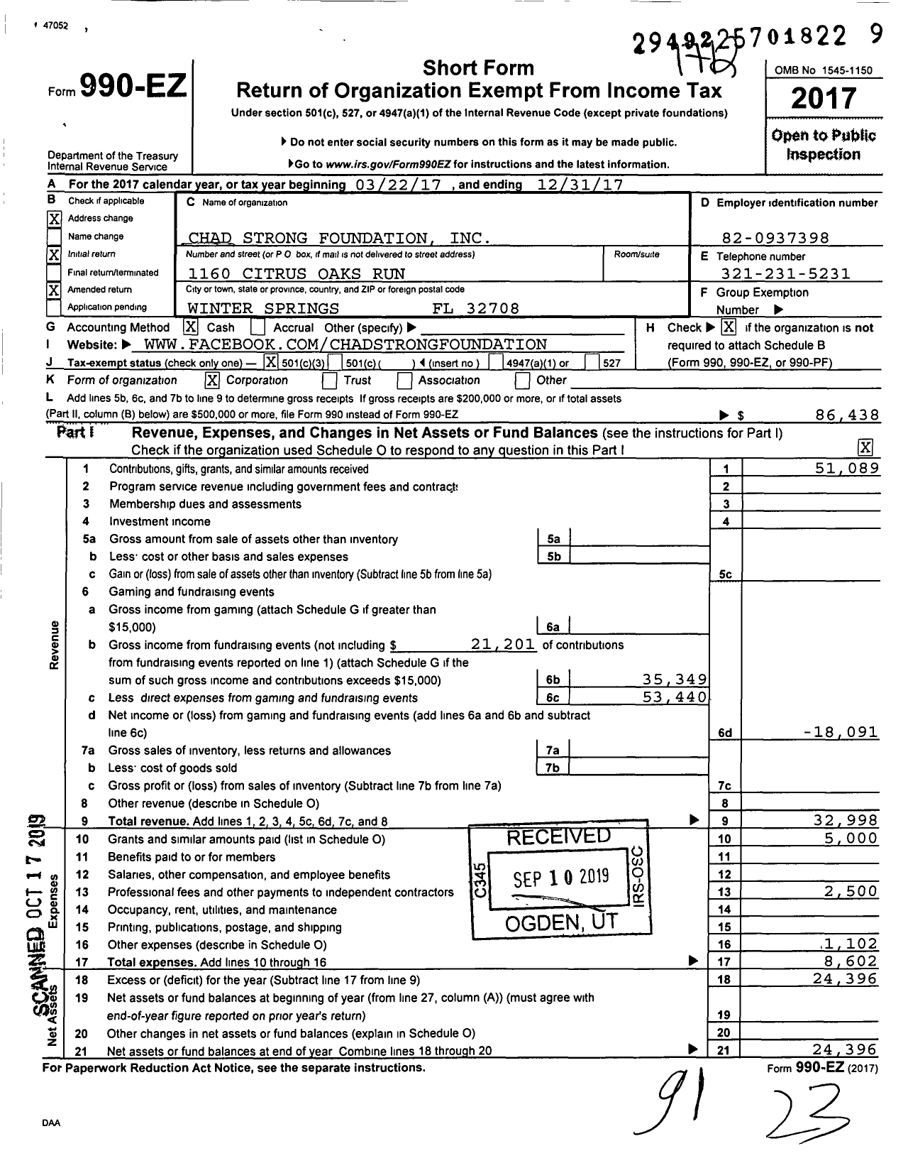 Image of first page of 2017 Form 990EZ for Chad Strong Foundation