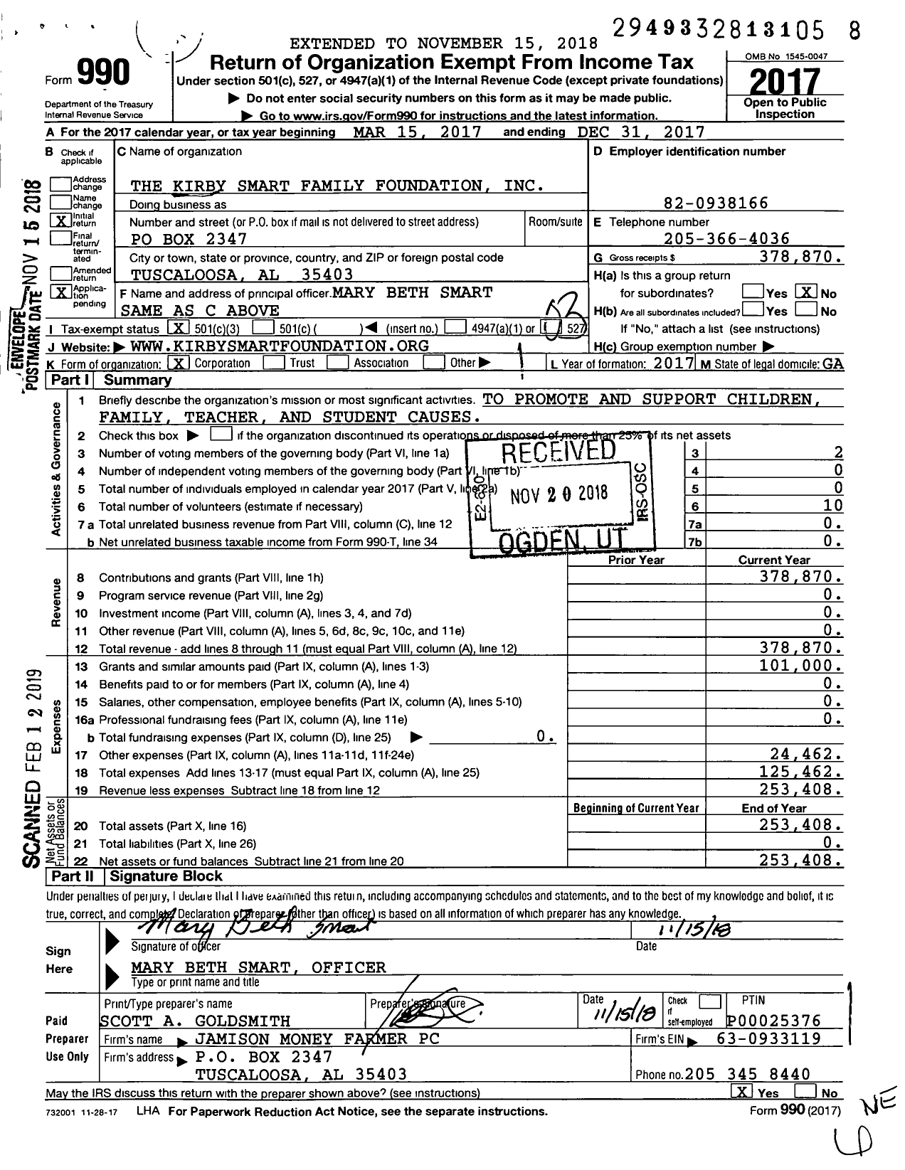 Image of first page of 2017 Form 990 for The Kirby Smart Family Foundation