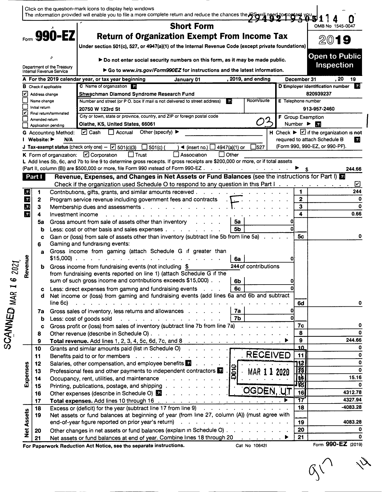 Image of first page of 2019 Form 990EZ for Shwachman Diamond Syndrome Research Fund