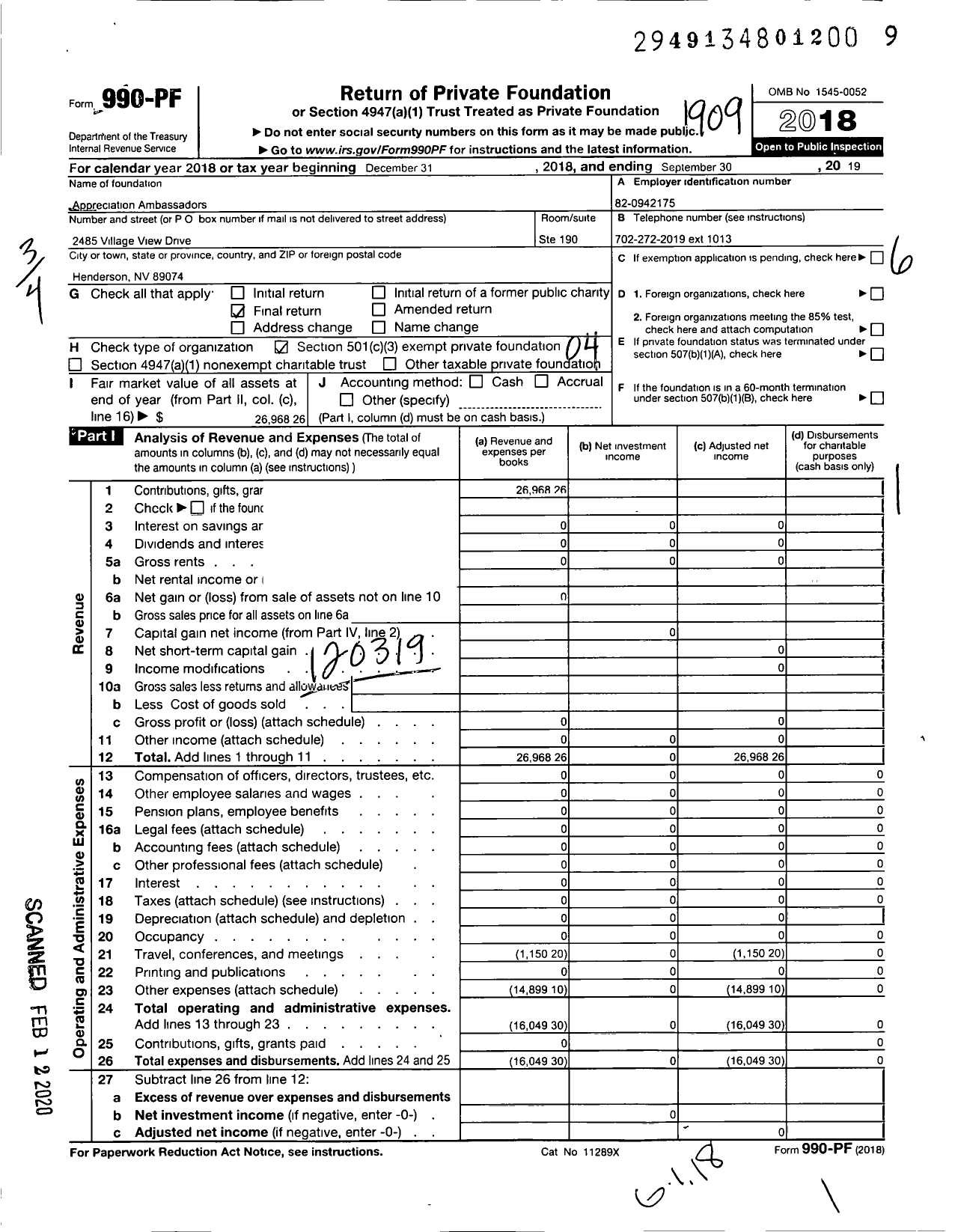 Image of first page of 2018 Form 990PF for Appreciation Ambassadors