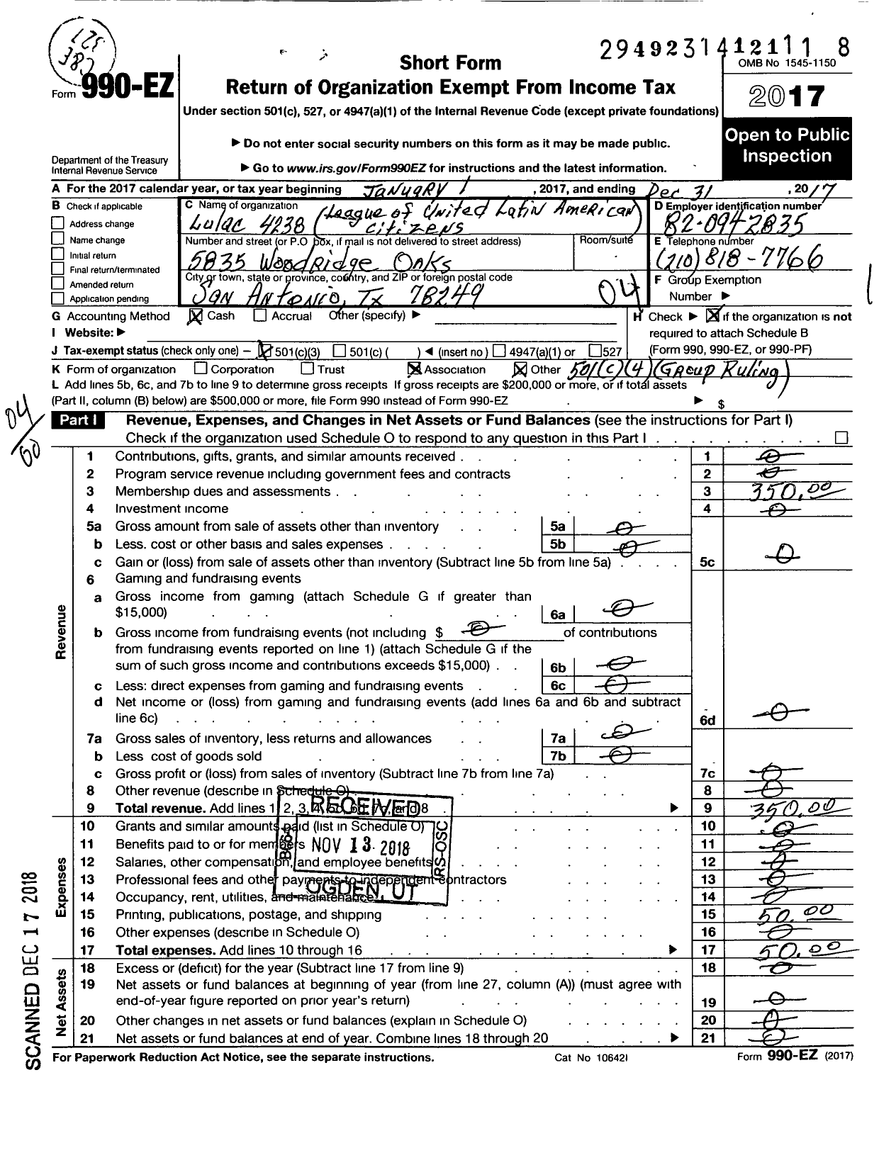 Image of first page of 2017 Form 990EO for League of United Latin America Citizens - 4238 Lulac Council