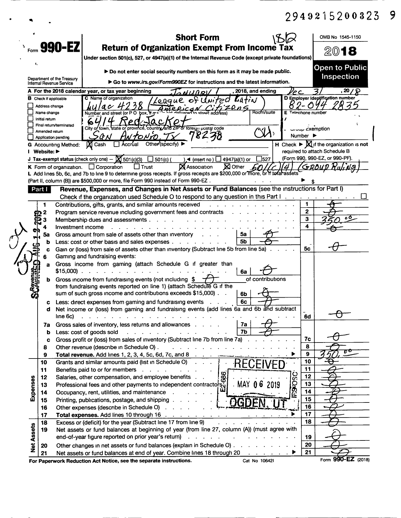 Image of first page of 2018 Form 990EO for League of United Latin America Citizens - 4238 Lulac Council