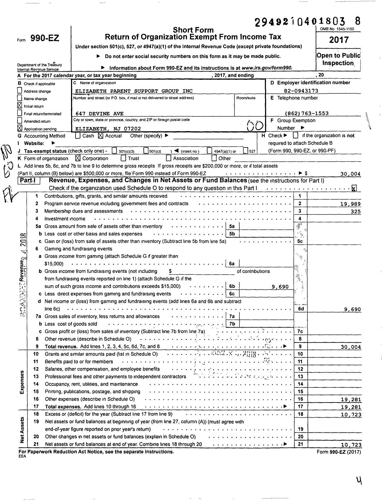 Image of first page of 2017 Form 990EO for Elizabeth Parent Support Group (EPSG)