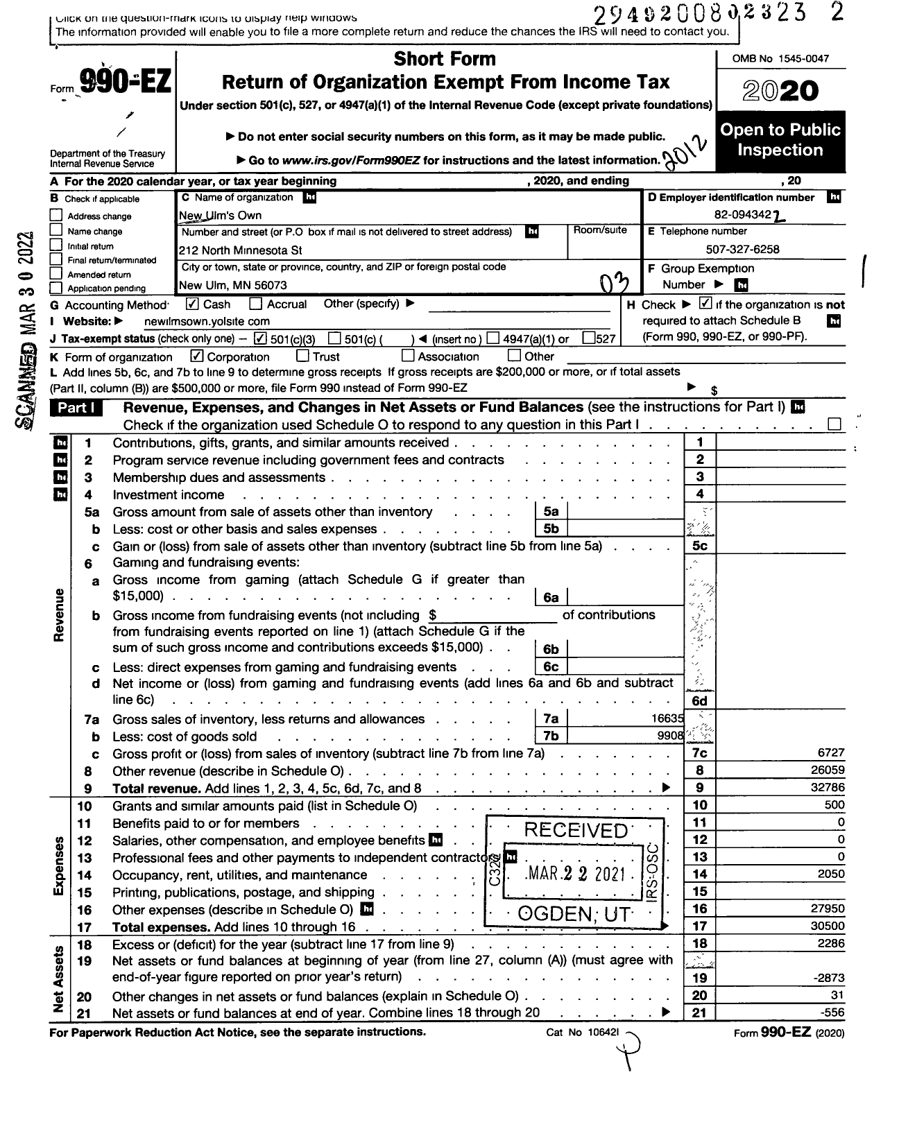 Image of first page of 2020 Form 990EZ for New Ulms Own