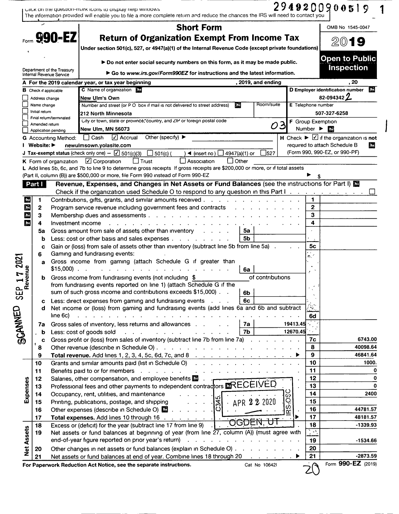 Image of first page of 2019 Form 990EZ for New Ulms Own