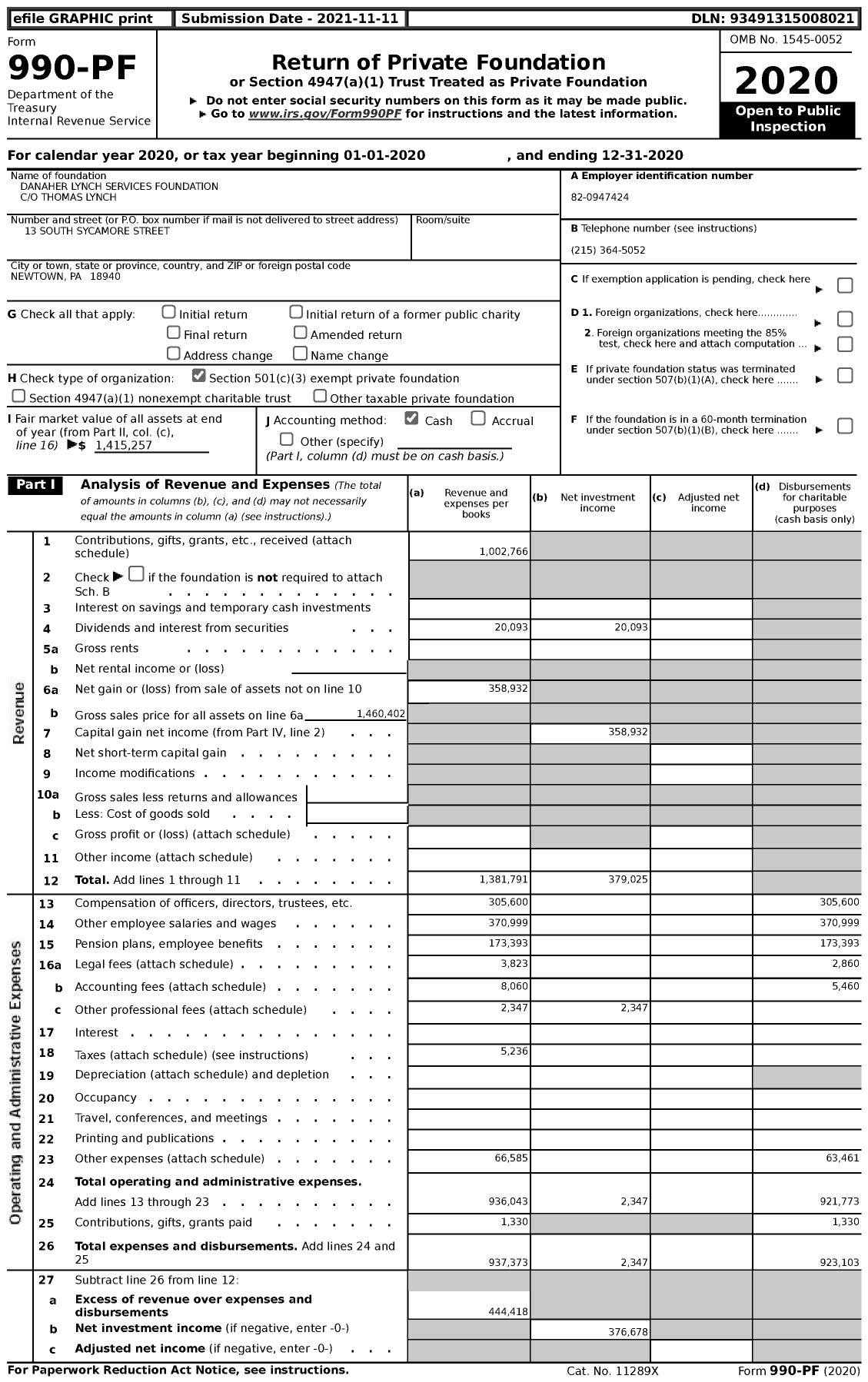 Image of first page of 2020 Form 990PF for Danaher Lynch Services Foundation