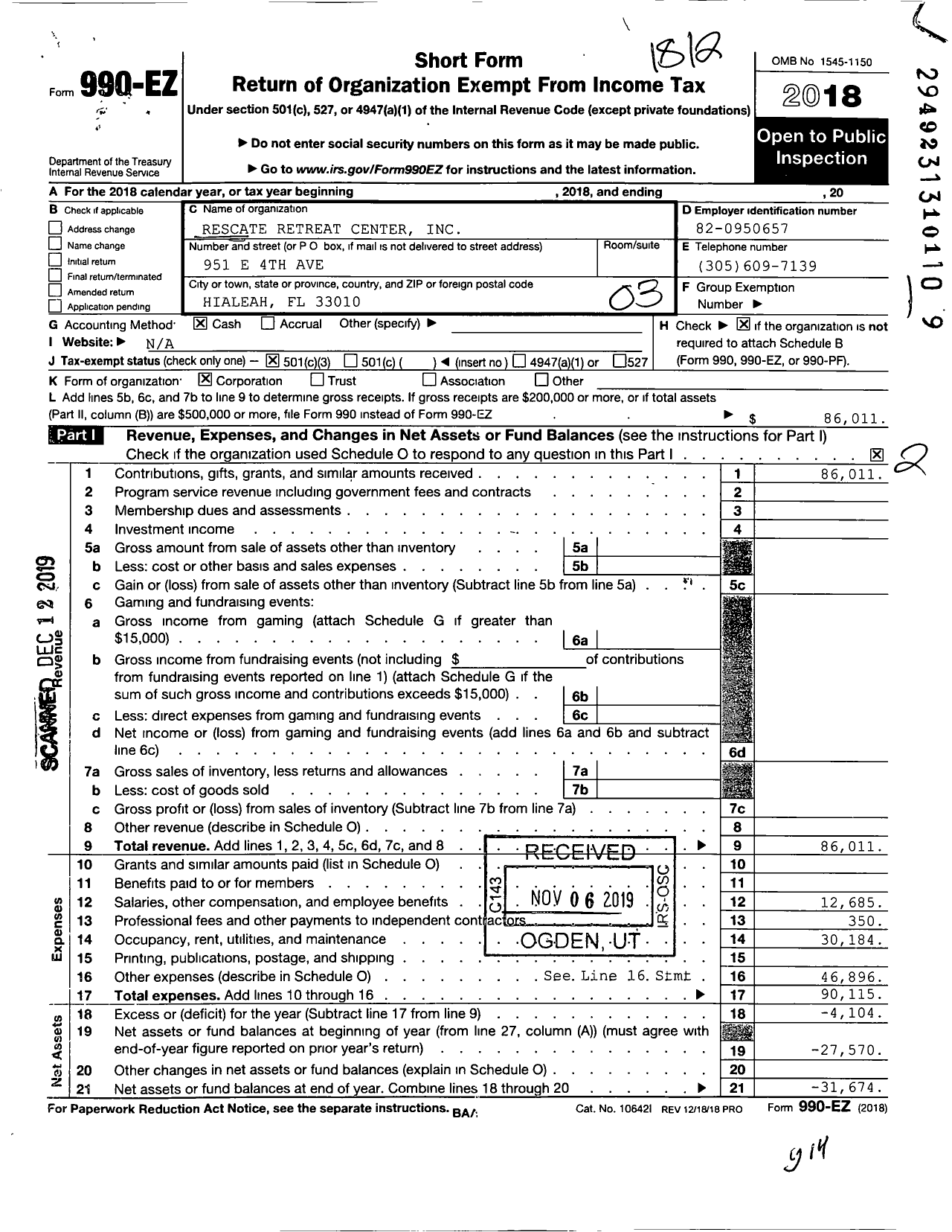 Image of first page of 2018 Form 990EZ for Rescate Retreat Center