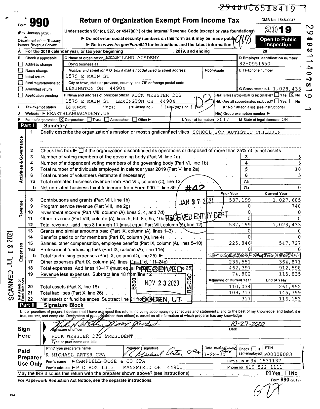 Image of first page of 2019 Form 990 for Heartland Academy