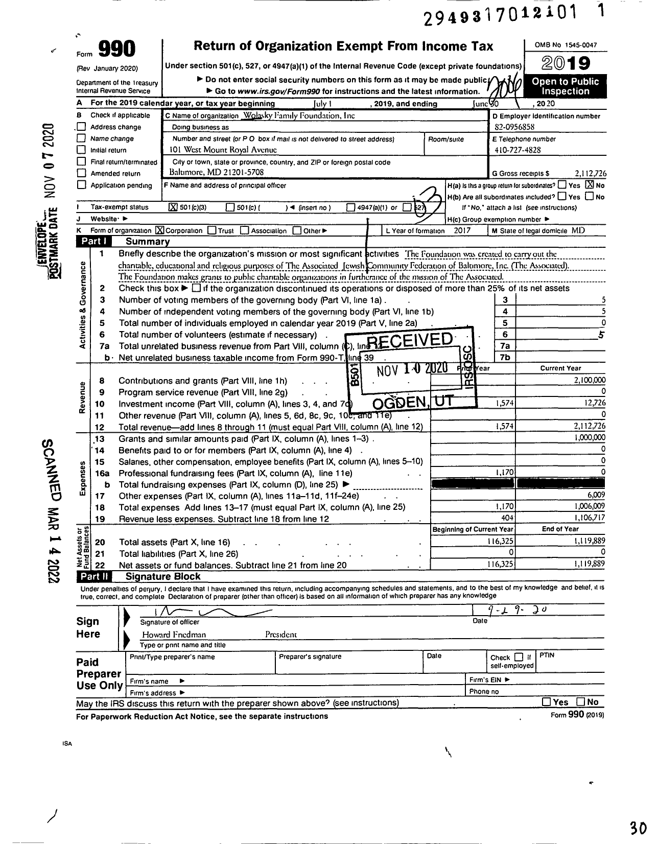 Image of first page of 2019 Form 990 for Wolasky Family Foundation