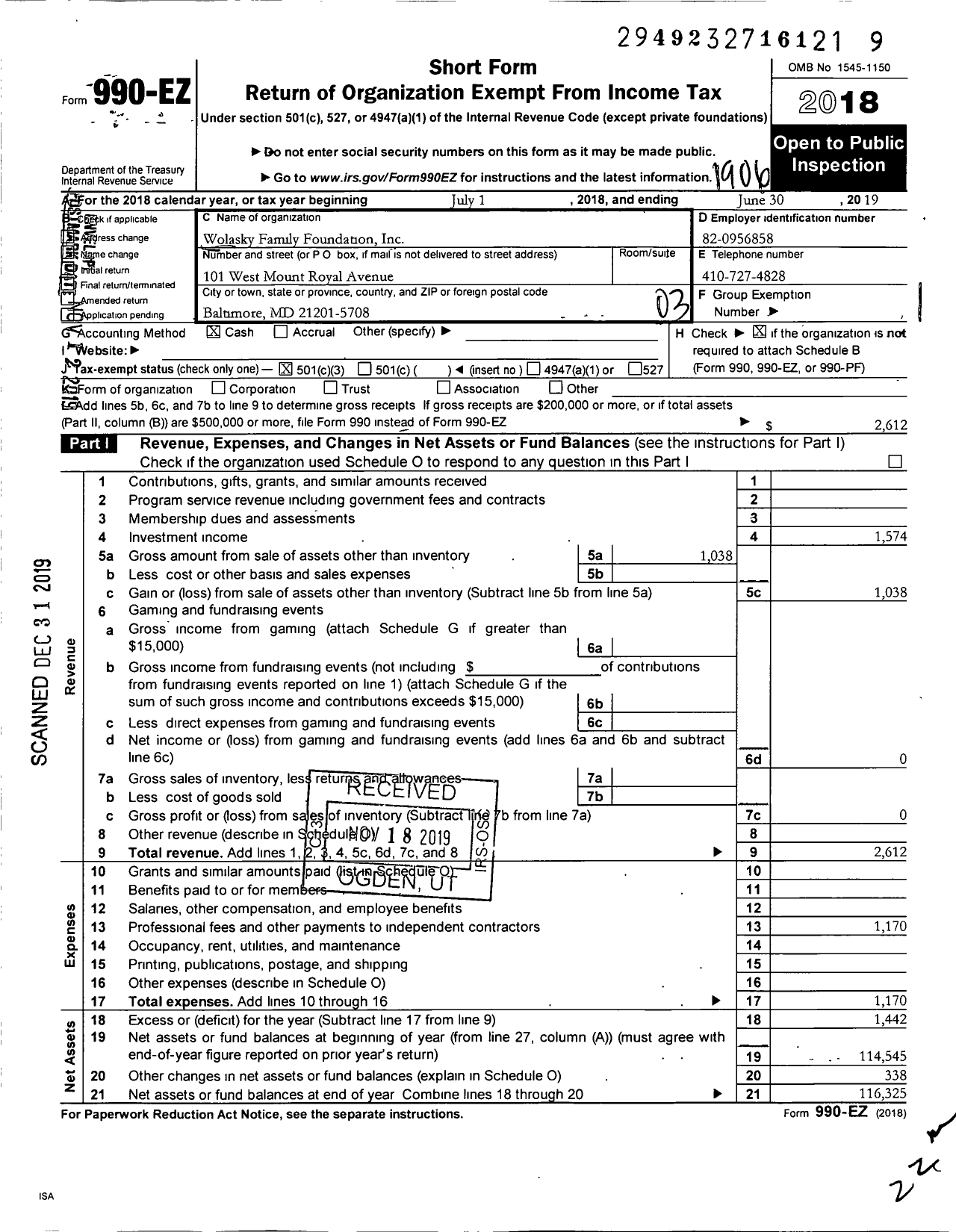 Image of first page of 2018 Form 990EZ for Wolasky Family Foundation