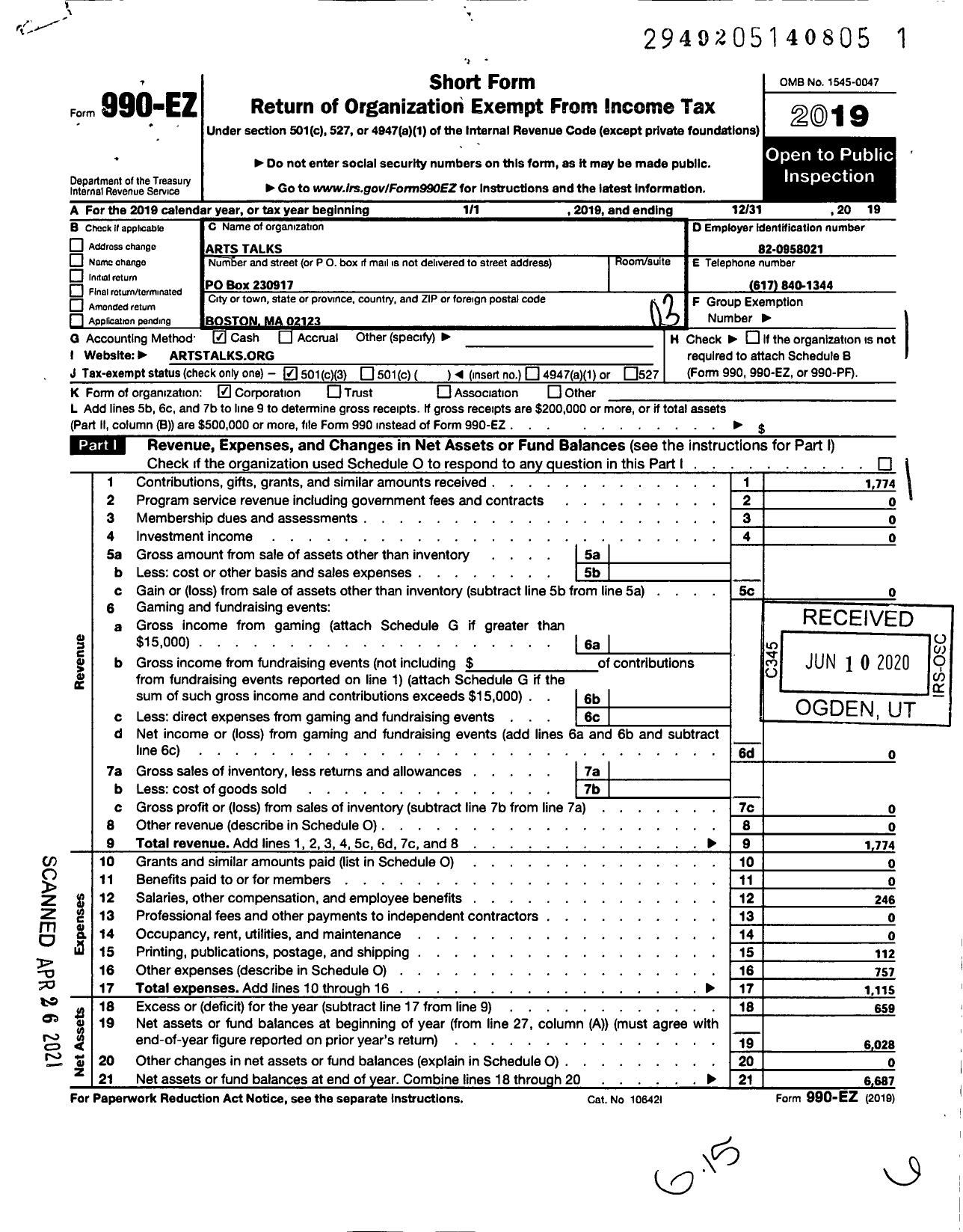 Image of first page of 2019 Form 990EZ for Arts Talks