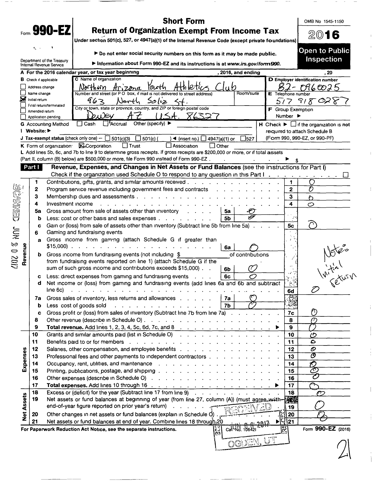 Image of first page of 2016 Form 990EO for Northern Arizona Youth Athletics Club