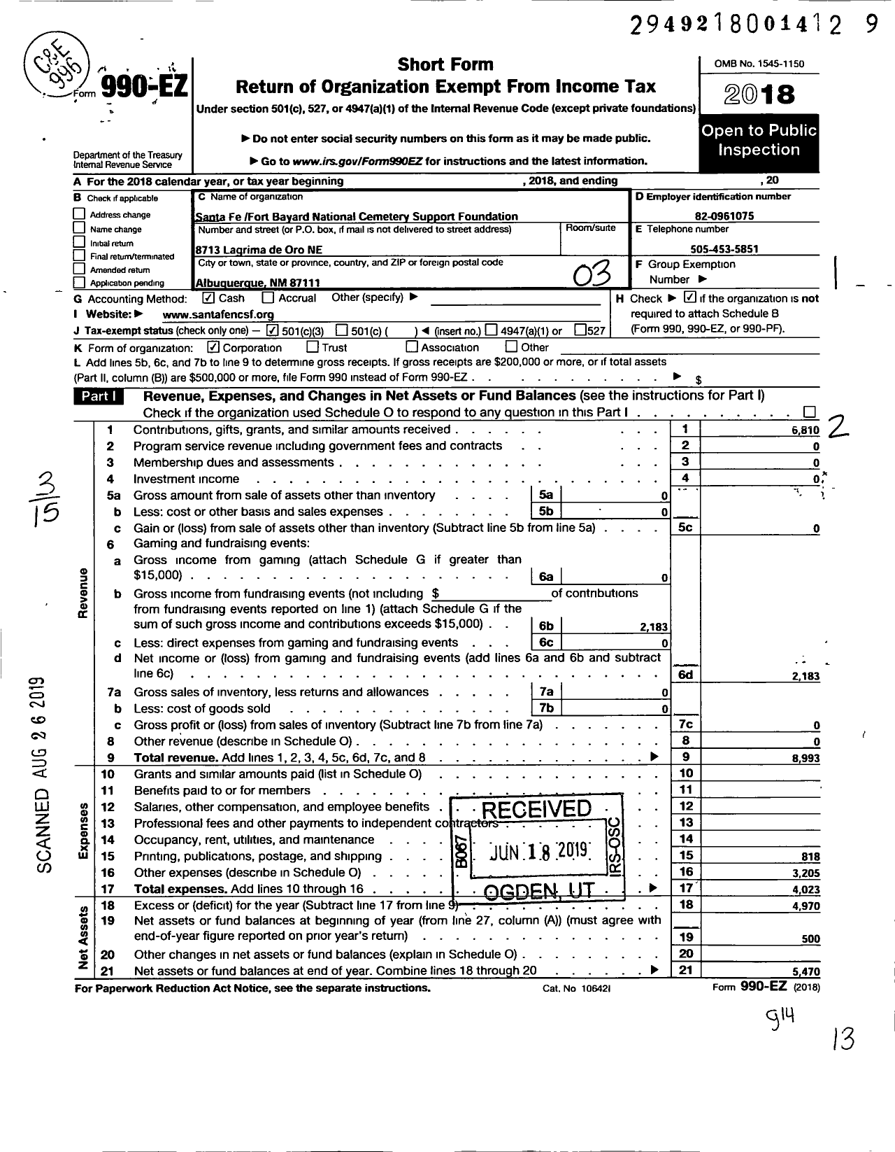 Image of first page of 2018 Form 990EZ for Santa Fe-Fort Bayard National Cemetery Support Foundation