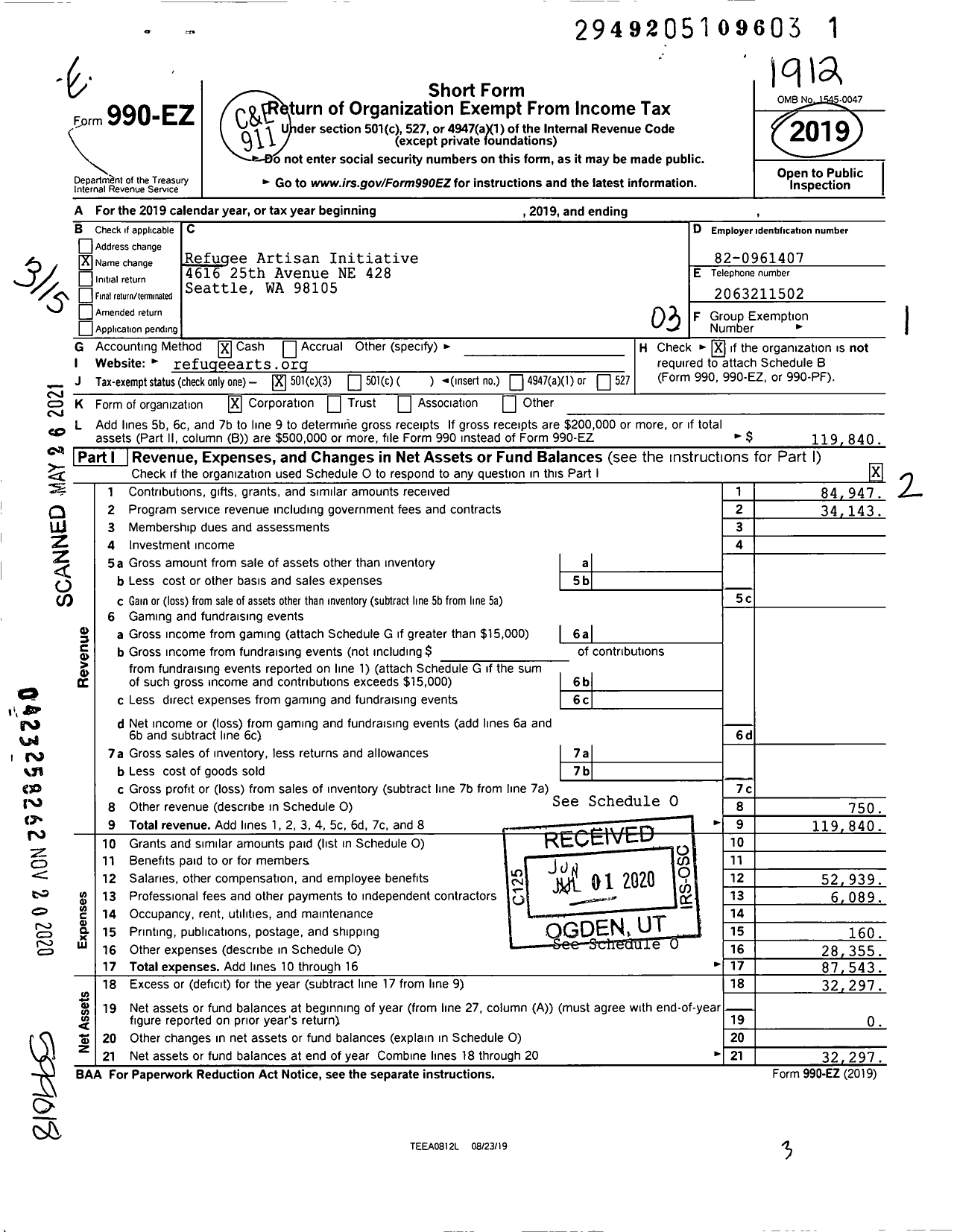 Image of first page of 2019 Form 990EZ for Refugee Artisan Initative