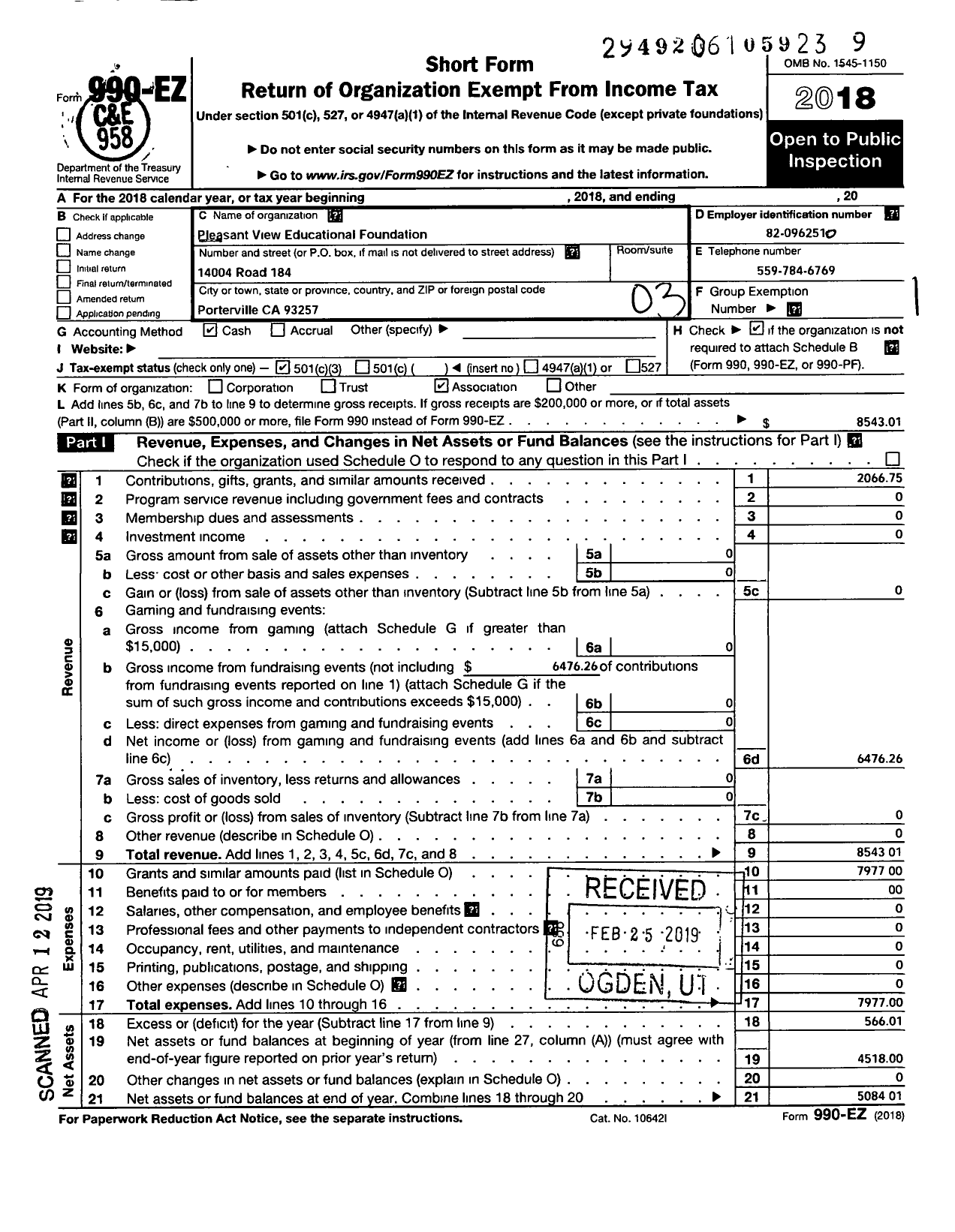 Image of first page of 2018 Form 990EZ for Pleasant View Educational Foundation
