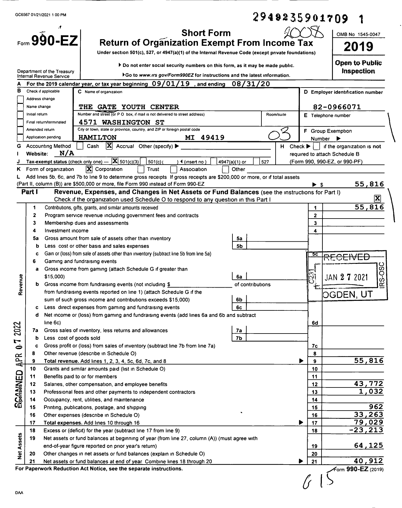 Image of first page of 2019 Form 990EZ for The Gate Youth Center