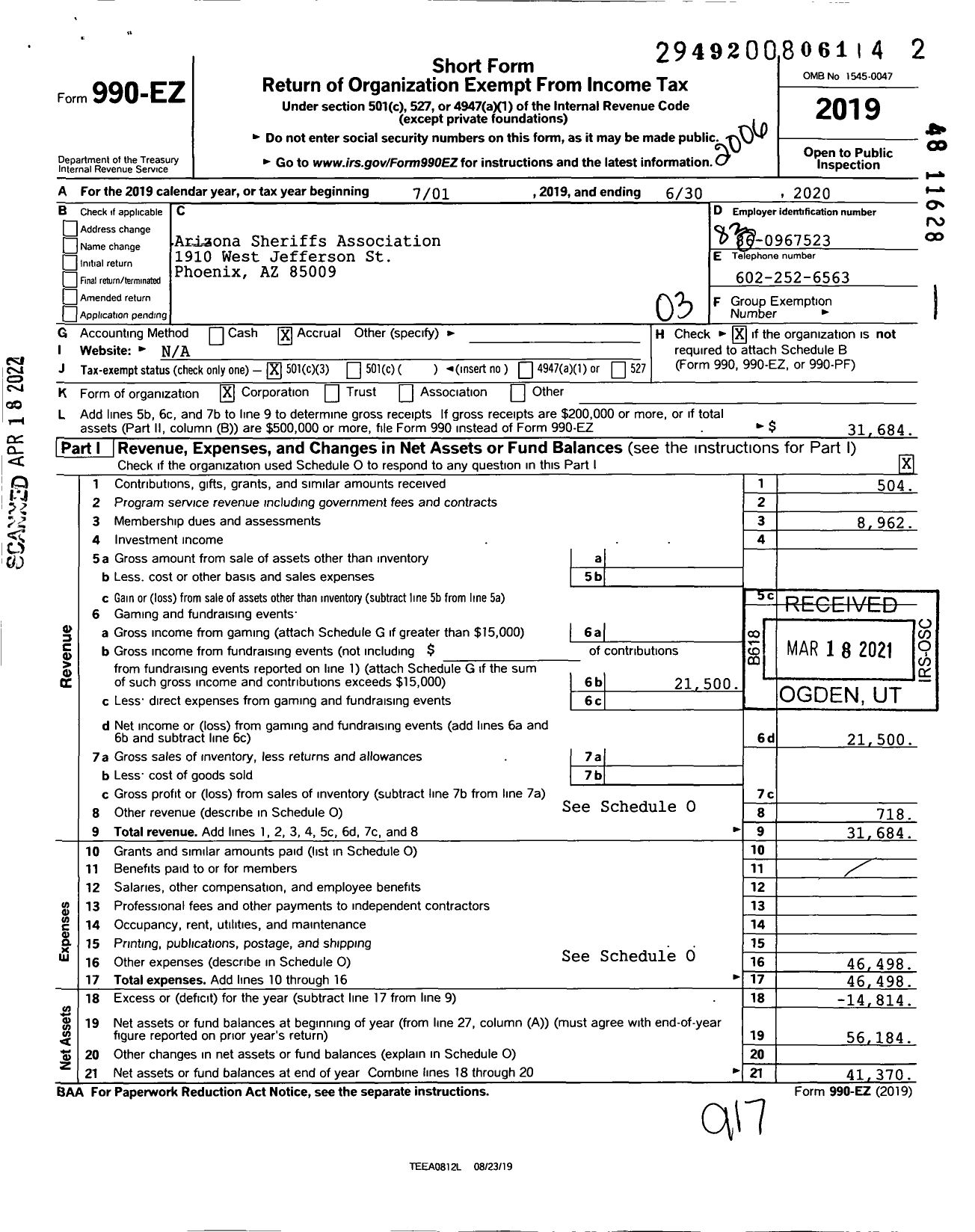 Image of first page of 2019 Form 990EZ for Arizona Sheriffs Association