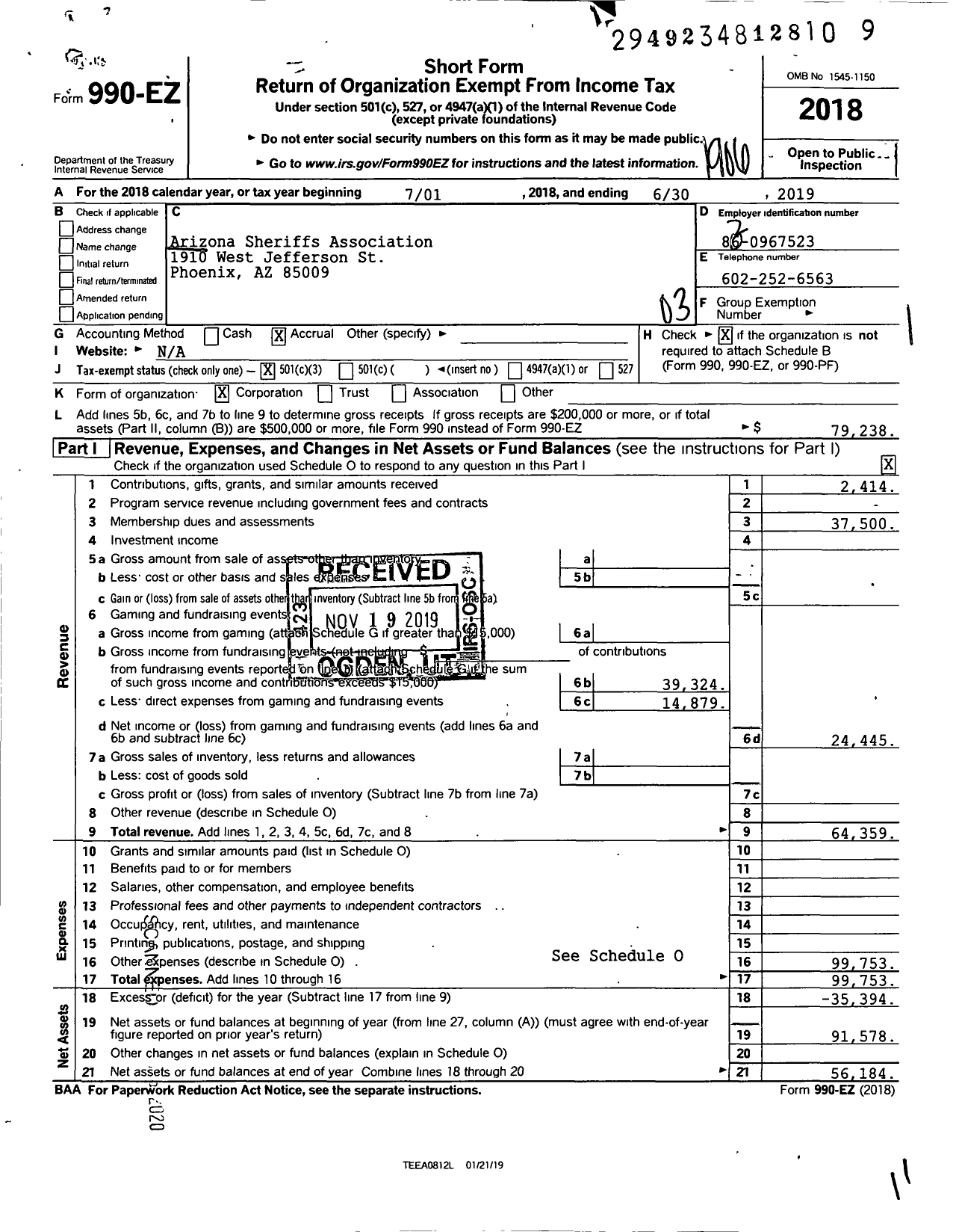 Image of first page of 2018 Form 990EZ for Arizona Sheriffs Association