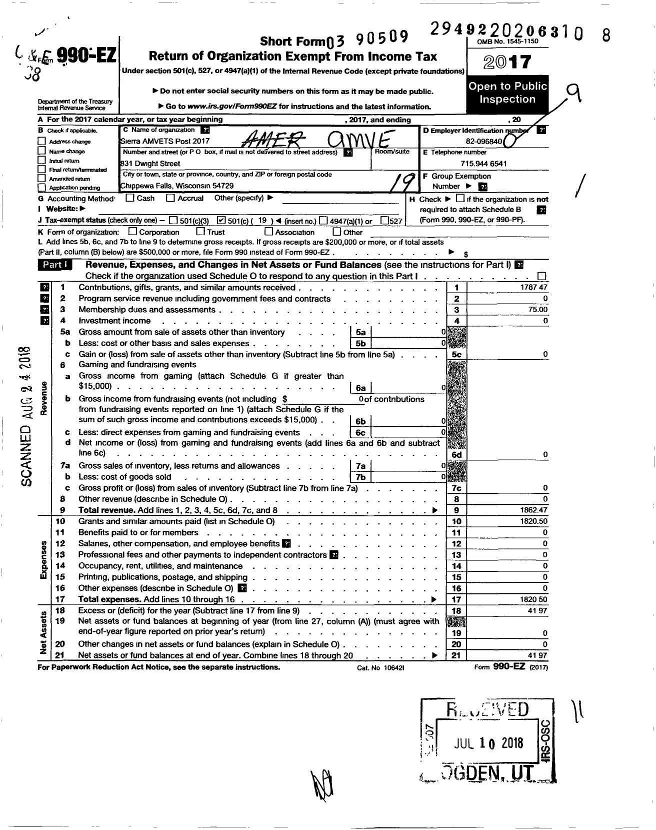 Image of first page of 2017 Form 990EO for Amvets - 2017 Wi