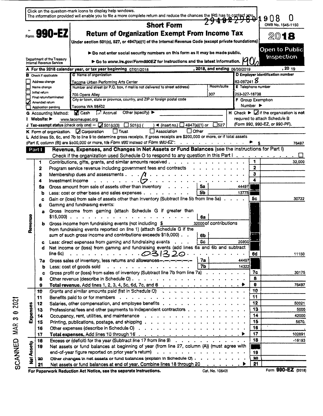 Image of first page of 2018 Form 990EZ for Tacoma Urban Performing Arts Center (TUPAC)