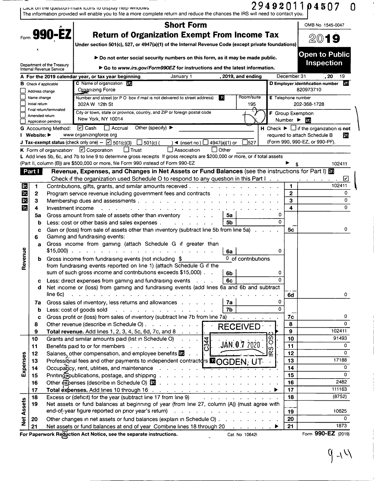 Image of first page of 2019 Form 990EZ for Organizing Force