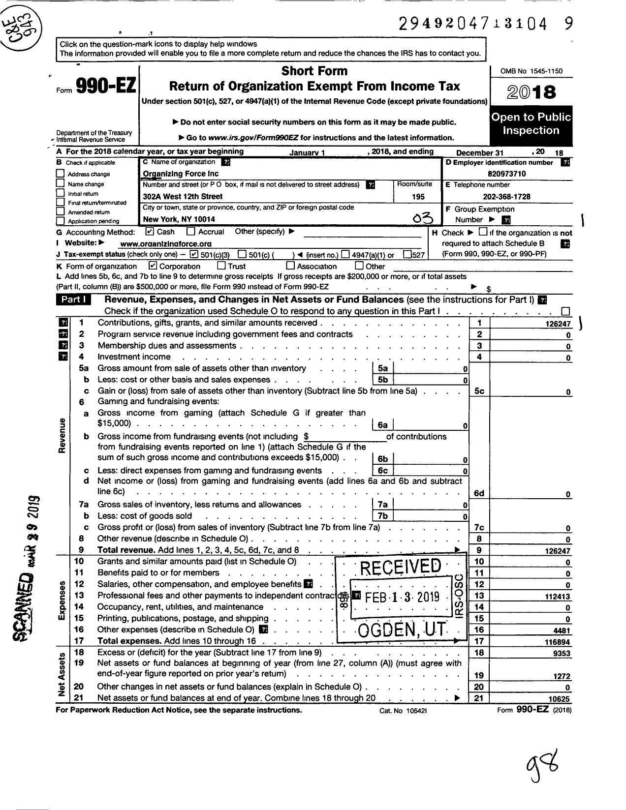 Image of first page of 2018 Form 990EZ for Organizing Force