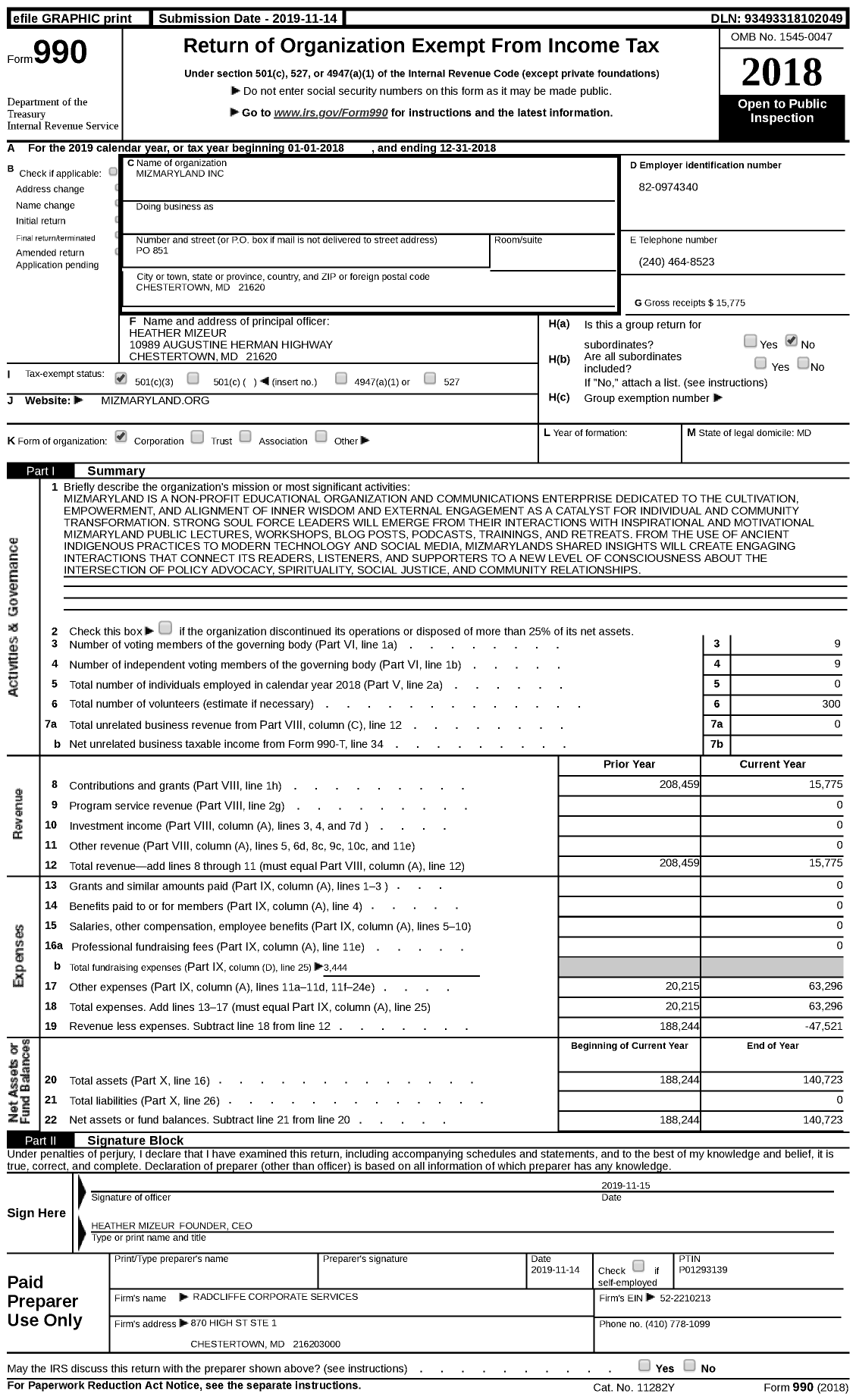 Image of first page of 2018 Form 990 for Mizmaryland