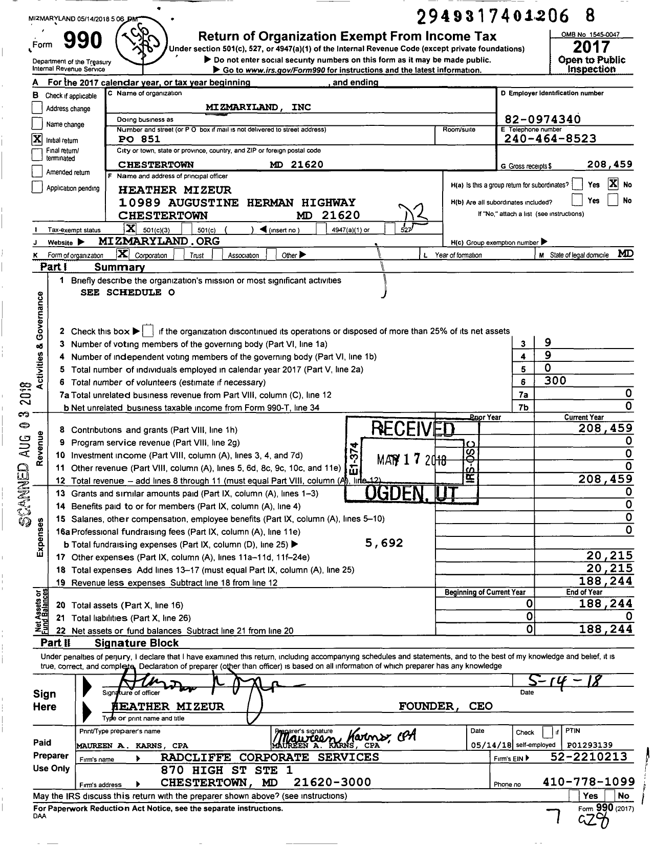 Image of first page of 2017 Form 990 for Mizmaryland