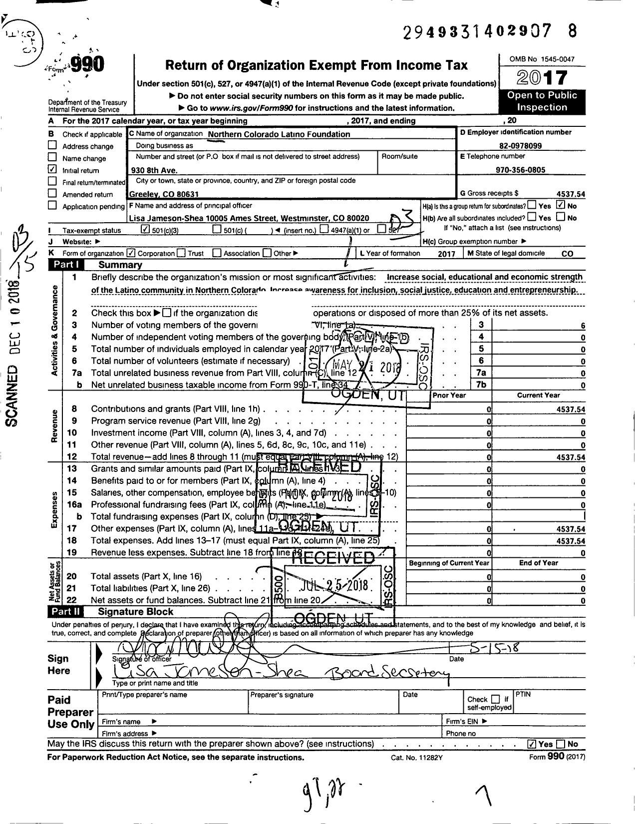 Image of first page of 2017 Form 990 for Northern Colorado Latino Foundation