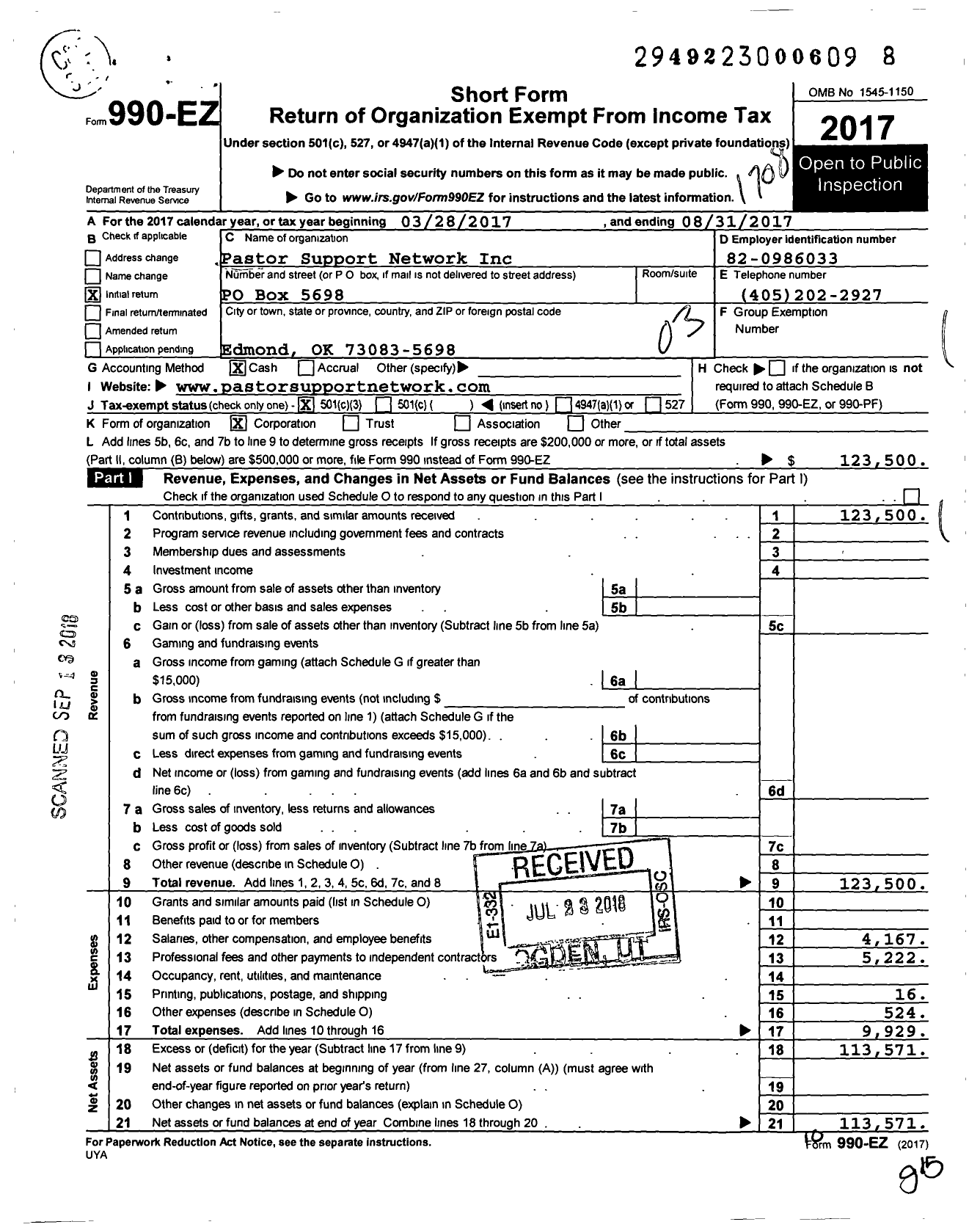 Image of first page of 2016 Form 990EZ for Pastor Support Network