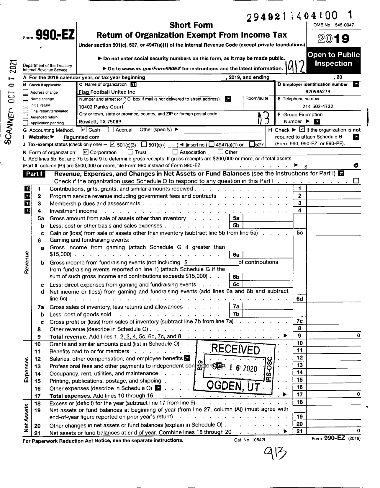 Image of first page of 2019 Form 990EZ for Flag Football United