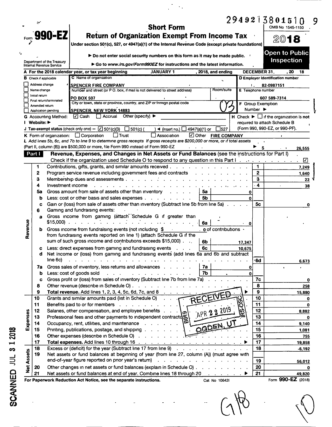 Image of first page of 2018 Form 990 for Spencer Fire Company